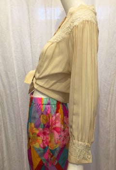 1990s Oleg Cassini Cream Silk Blouse with Lace