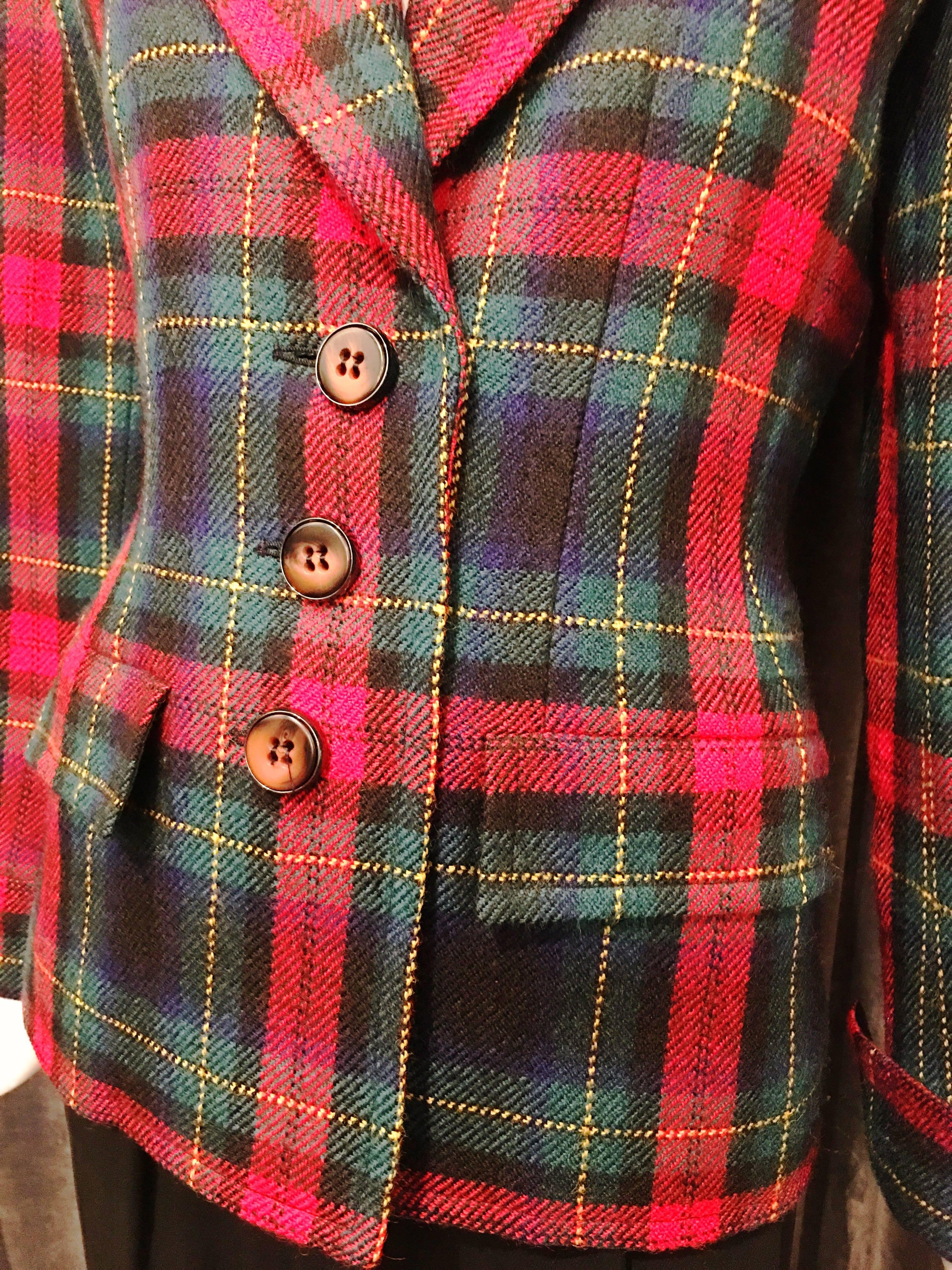 1980s Saint Laurent Plaid Blazer In Excellent Condition For Sale In Brooklyn, NY