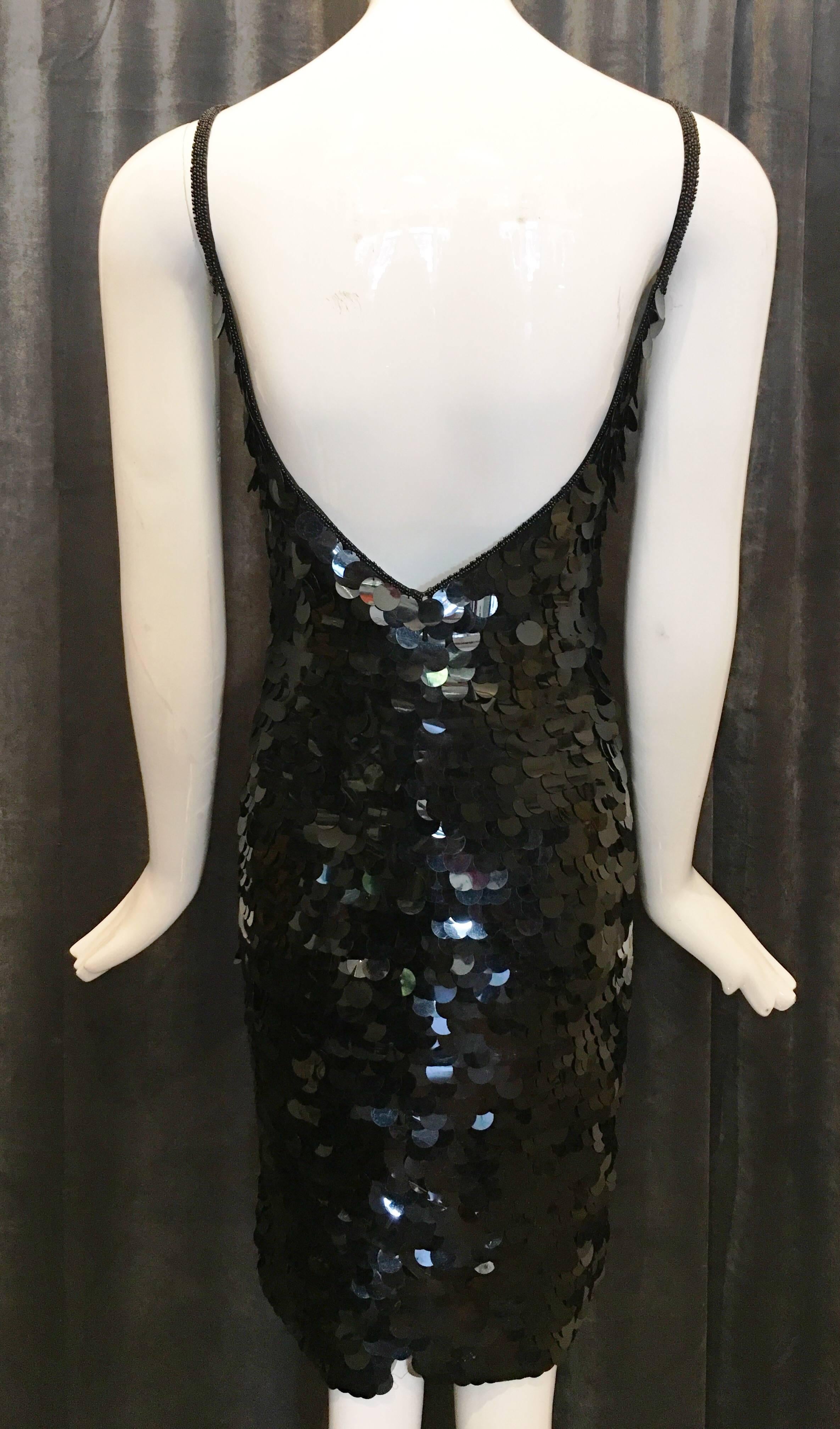 1980s Oleg Cassini Black Fish Scale Sheath Dress In Excellent Condition For Sale In Brooklyn, NY