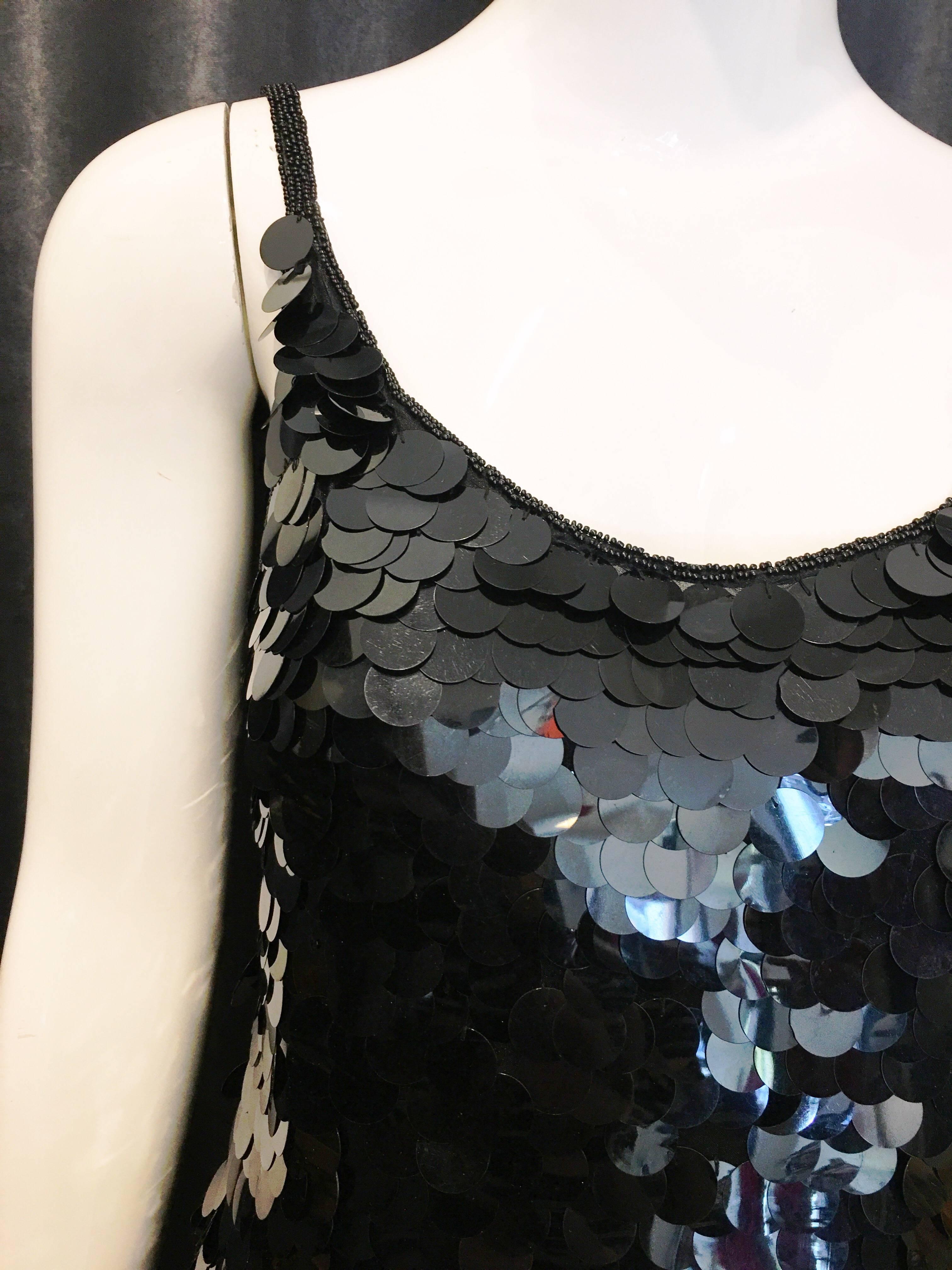 Women's or Men's 1980s Oleg Cassini Black Fish Scale Sheath Dress For Sale