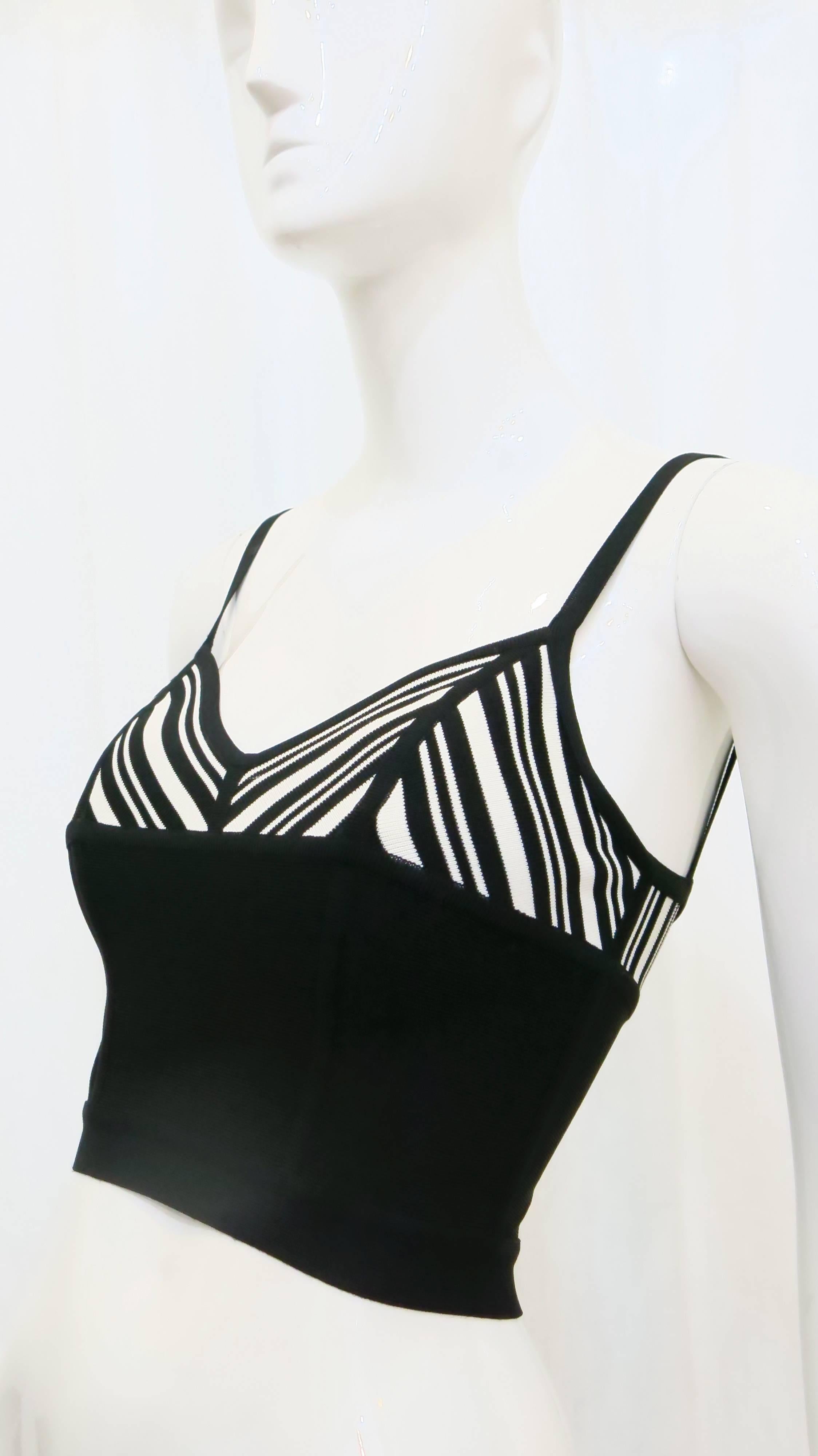 1980s Herve Leger black and white crop top constructed with Leger's signature 