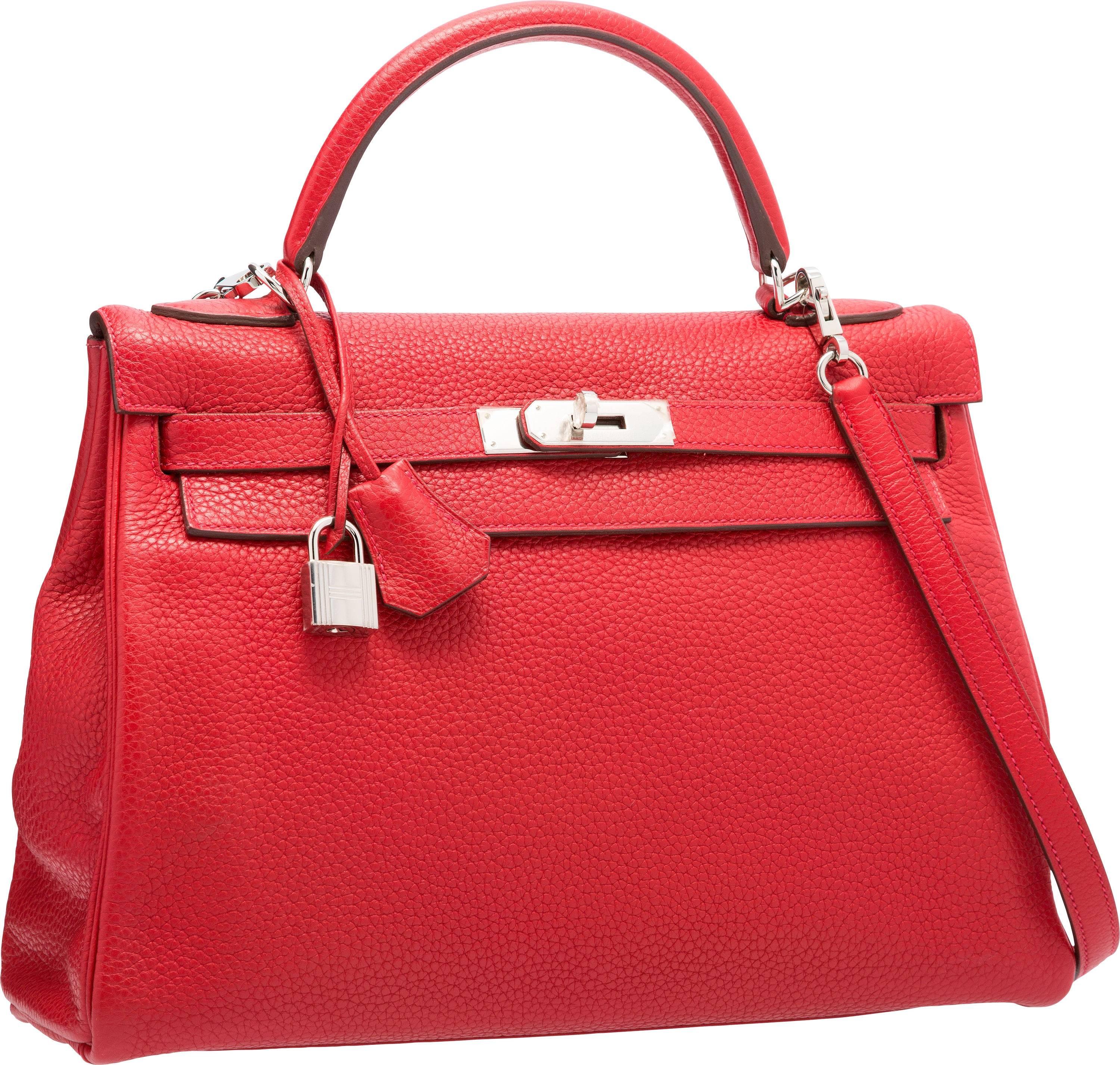 Hermes 32cm Rouge Vif Clemence Leather Retourne Kelly Bag For Sale