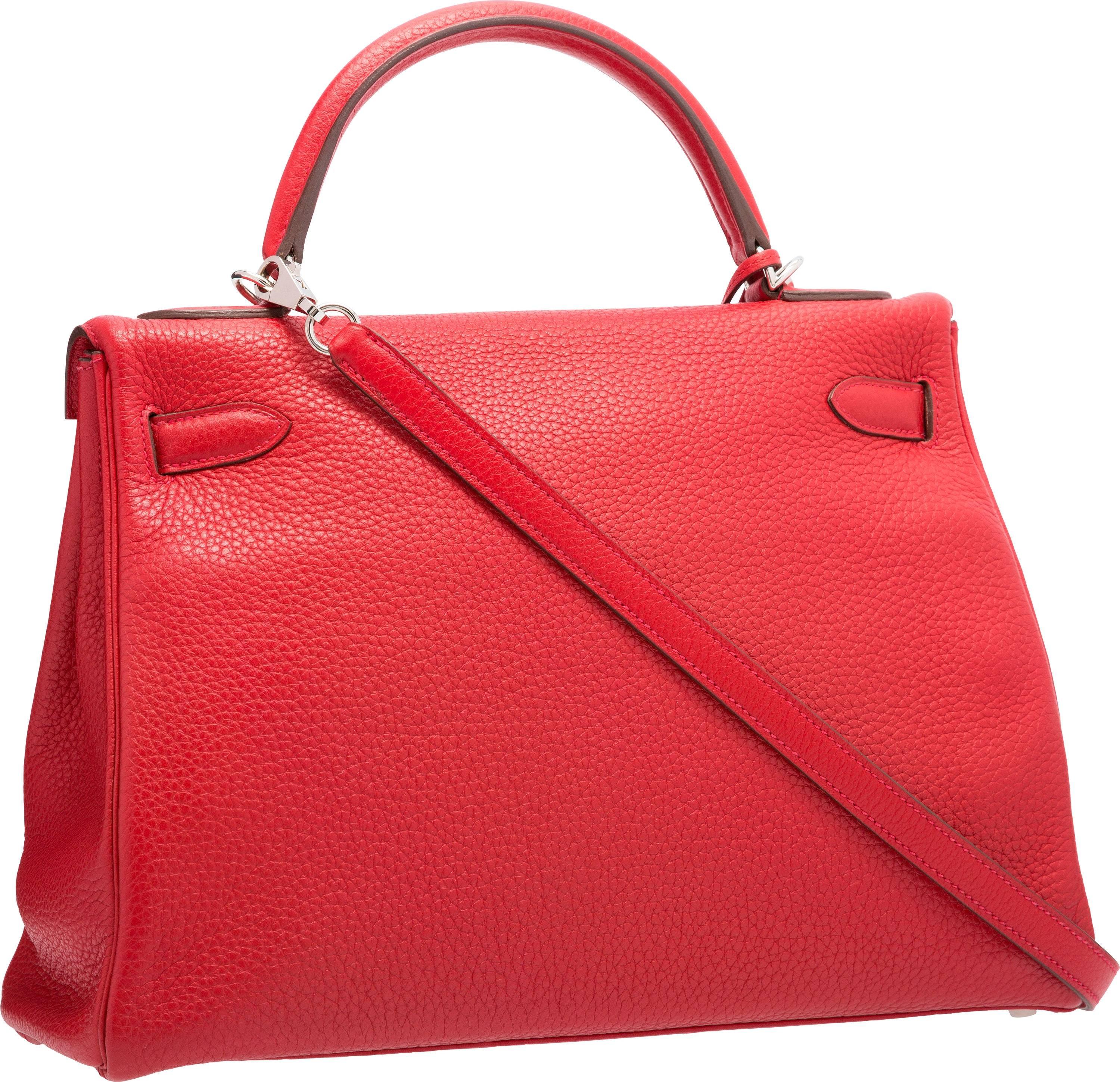 Hermes 32cm Rouge Vif Clemence Leather Retourne Kelly Bag In Excellent Condition For Sale In New York, NY