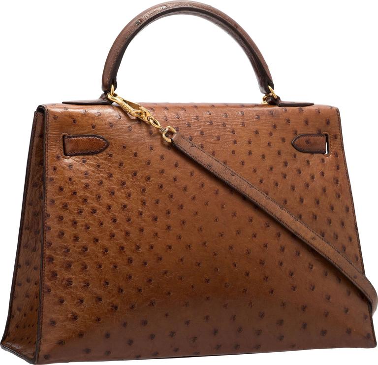 Hermes 32cm Noisette Ostrich Sellier Kelly Bag with Gold Hardware For Sale  at 1stDibs
