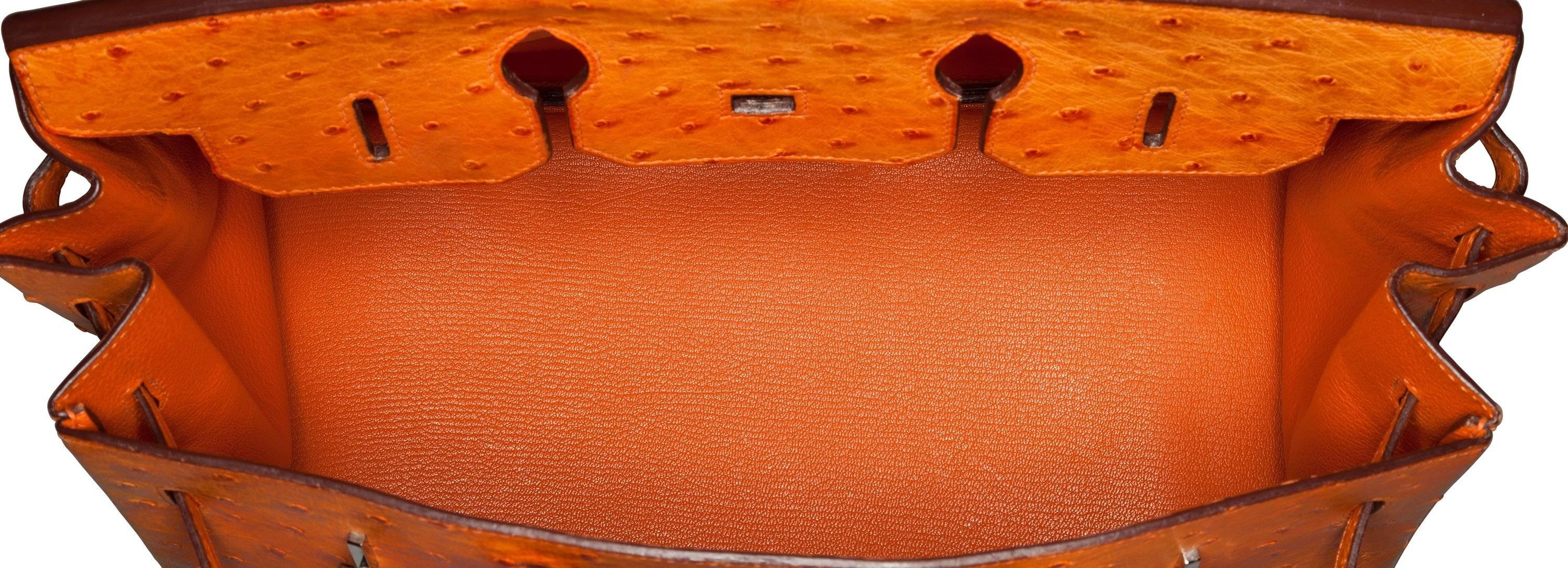 Women's or Men's Hermes 35cm Tangerine Ostrich Birkin Bag with Palladium Hardware For Sale