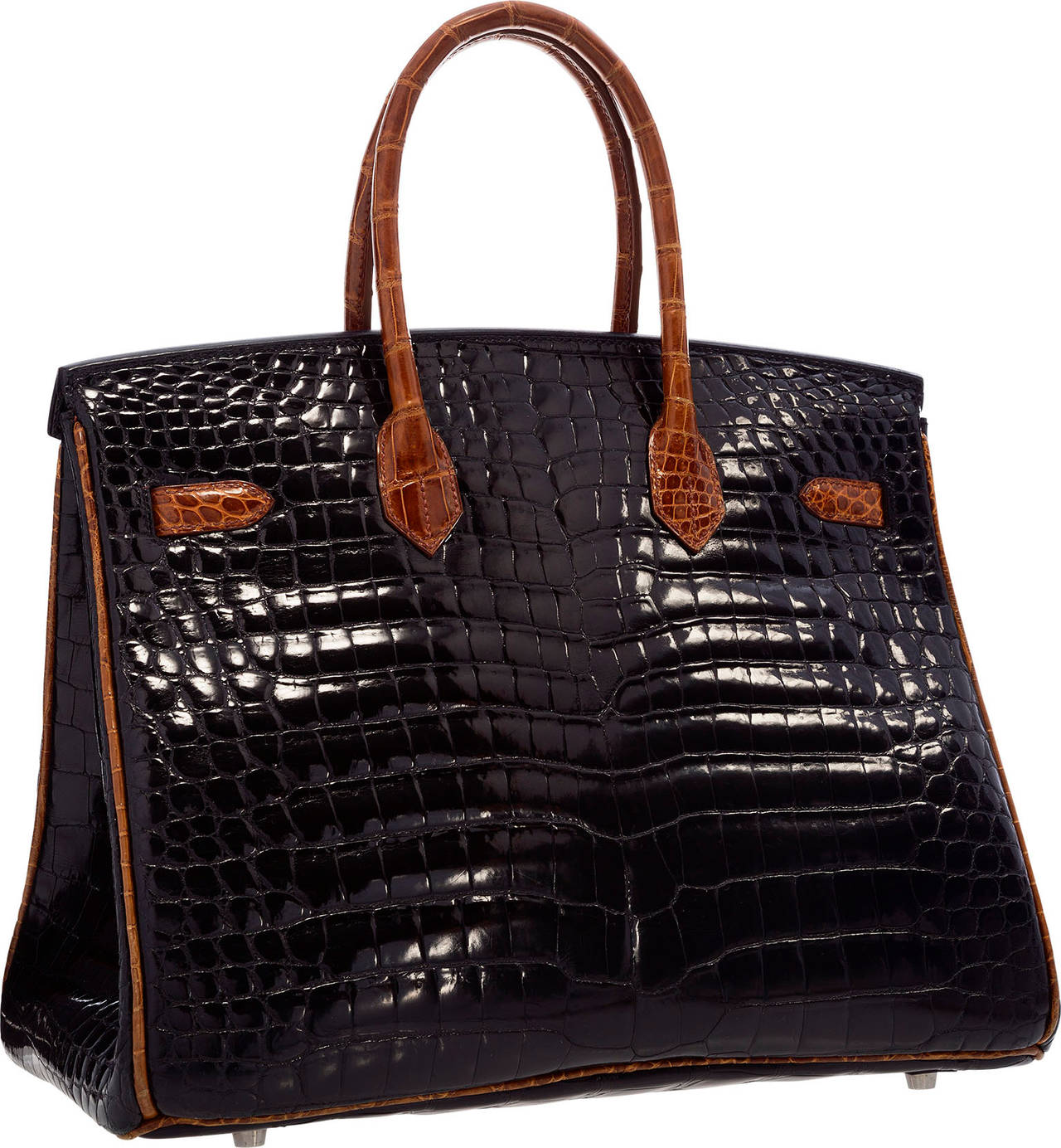 Hermes Limited Edition 35cm Shiny Black Crocodile Birkin Ruthenium Hardware In Good Condition For Sale In New York, NY