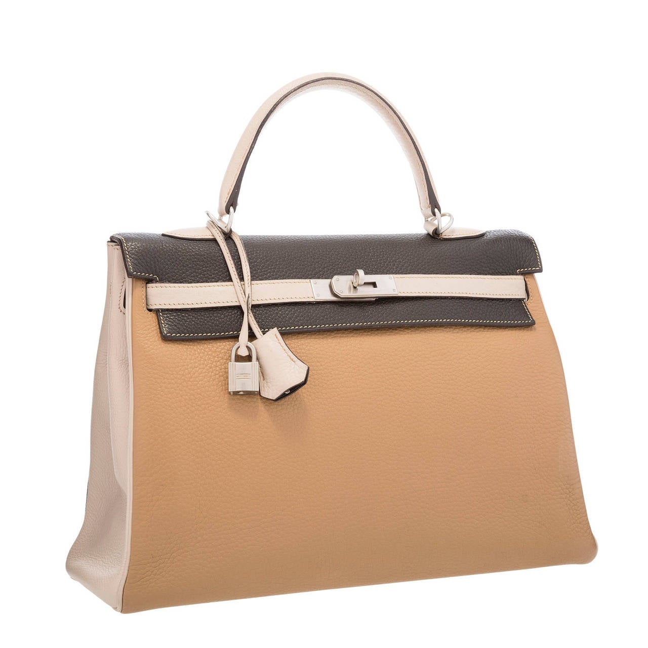 Hermes 35cm Tabac Camel Clemence Leather Kelly with Brushed Palladium Hardware For Sale
