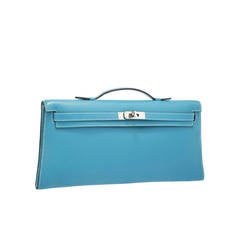 Hermes Blue Jean Swift Leather Kelly Longue Clutch Bag with Palladium Hardware