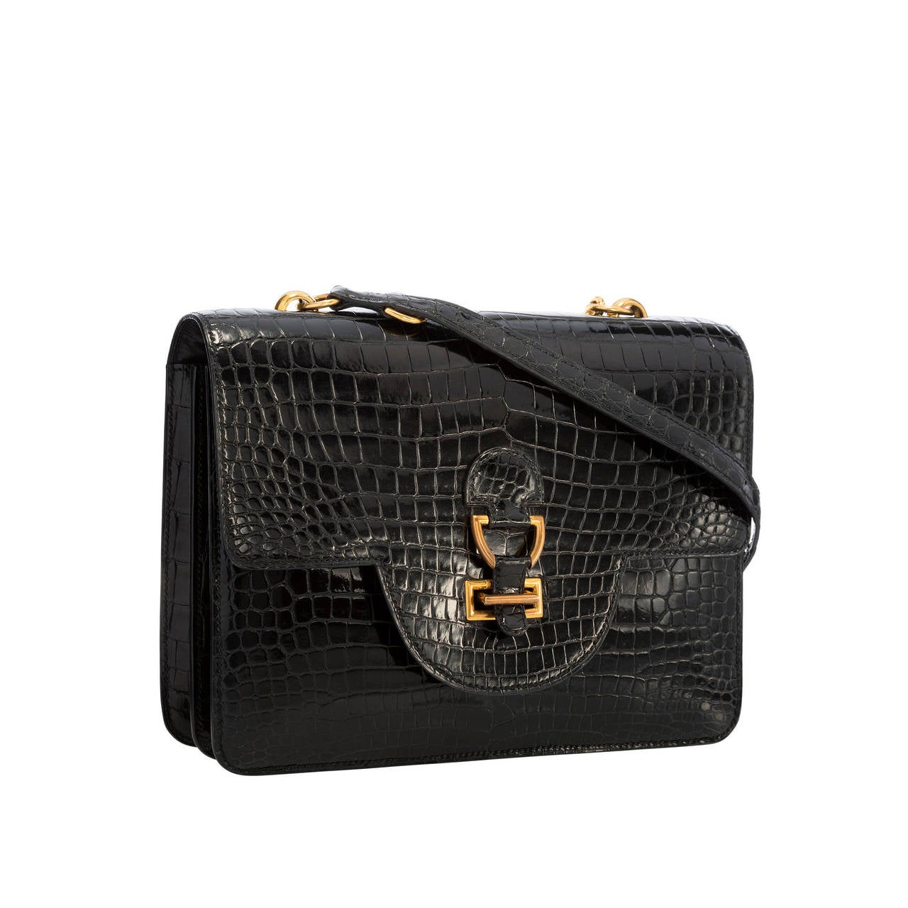 Hermes Shiny Black Porosus Crocodile Sandrine Bag with Gold Hardware For Sale