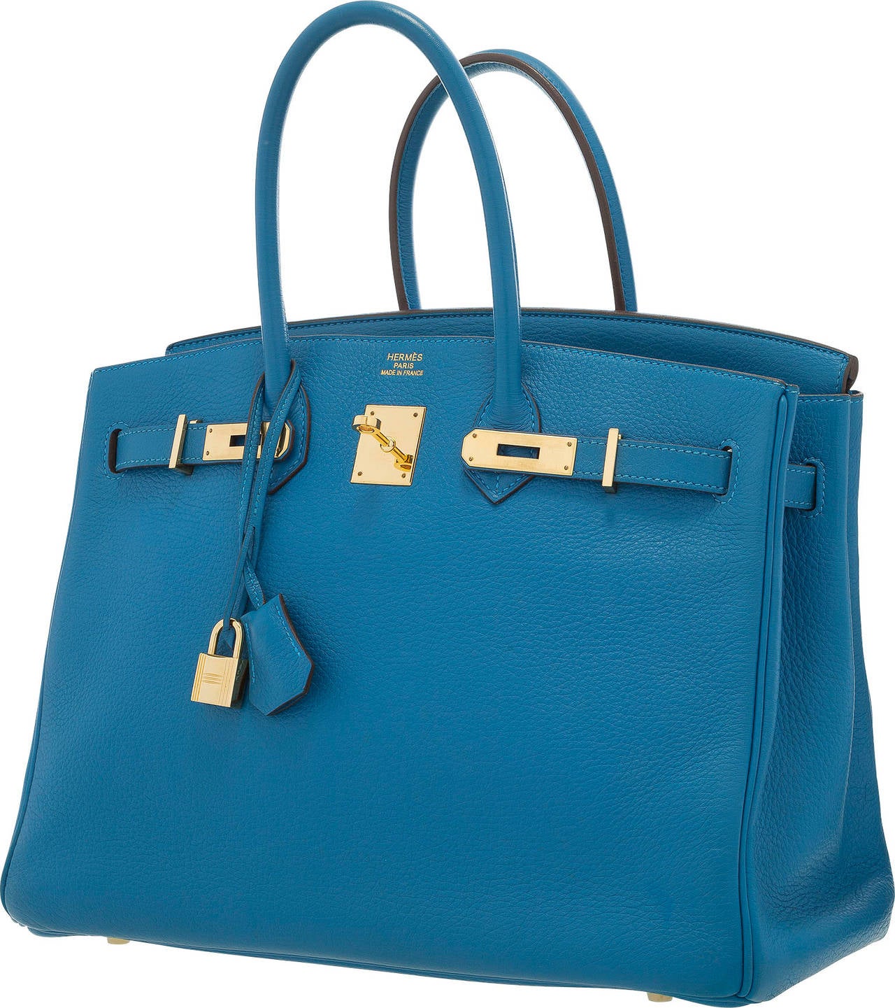 The Hermes Birkin is one of the most iconic handbags in the world. The Birkin is sought after and beloved for its functional design and lasting value. This particular Birkin is done in the beautiful blue color, Mykonos and accented with Gold