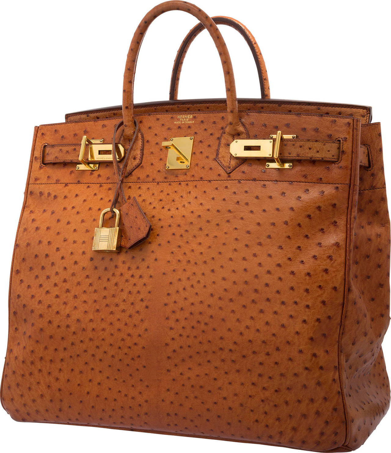 The HAC was actually the original design of the now iconic Hermes Birkin bag. This fantastic piece is done in Cognac Ostrich skin with Gold Hardware. Today, Hermes will not make any Ostrich skin bags larger than 30cm making this bag, at a whopping