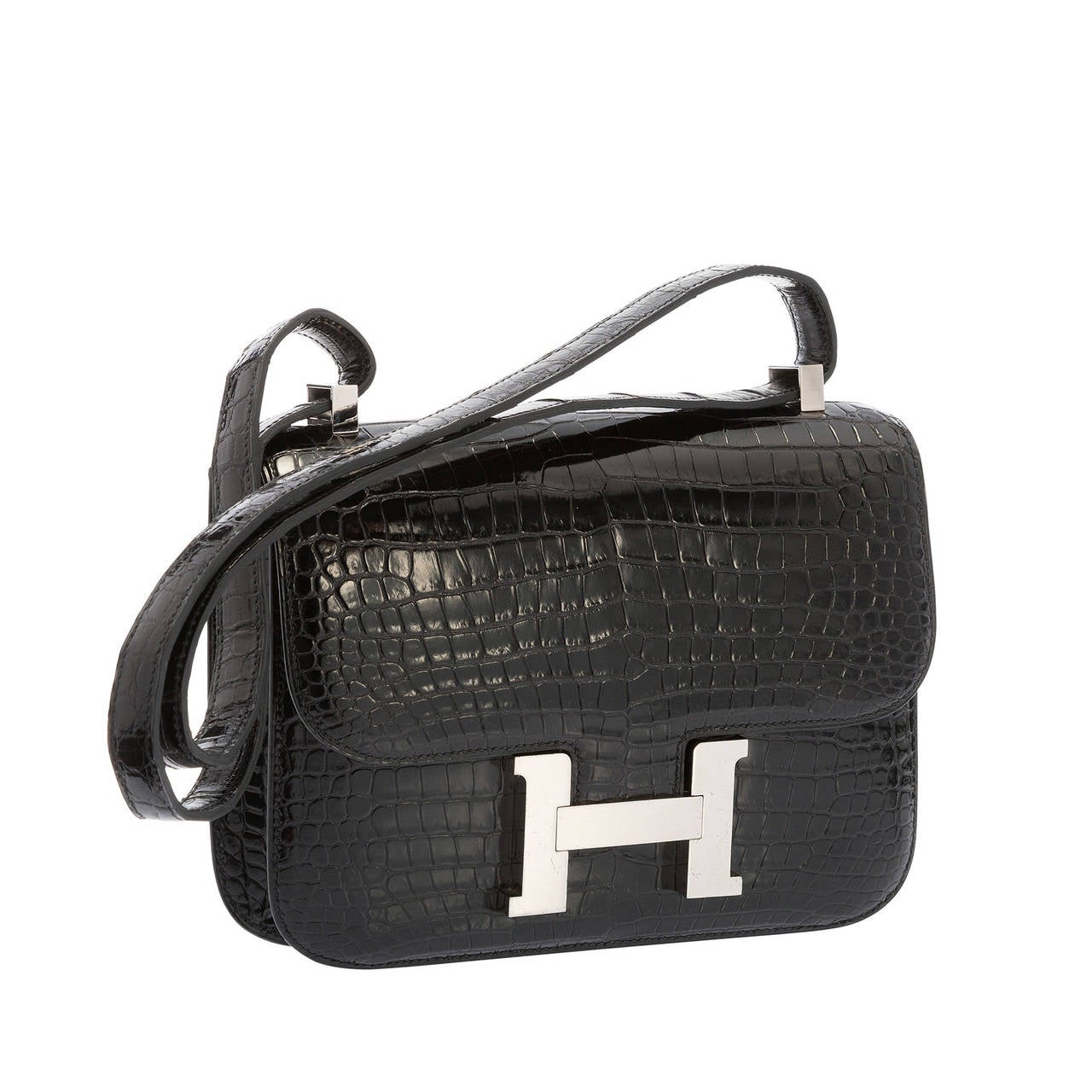 Hermes 23cm Shiny Black Porosus Crocodile Constance Bag with Palladium Hardware For Sale