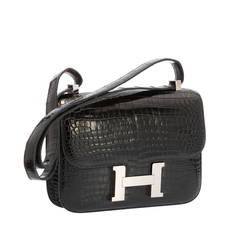 Hermes 23cm Shiny Black Porosus Crocodile Constance Bag with Palladium Hardware