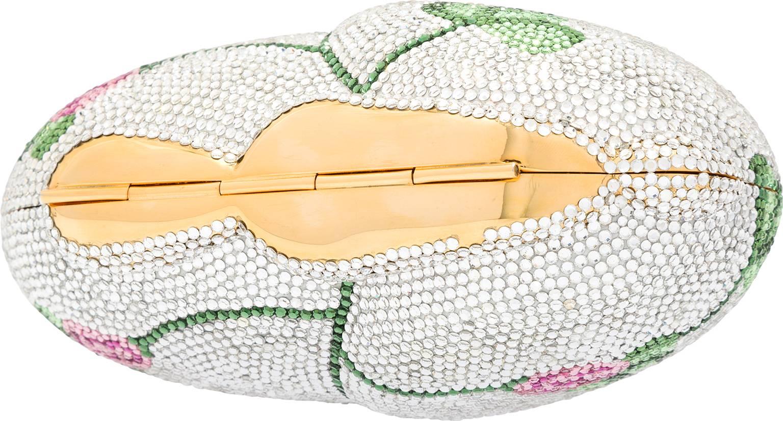 Judith Leiber Full Bead Pink & Green Crystal Floral Rabbit Minaudiere Bag In Excellent Condition For Sale In New York, NY