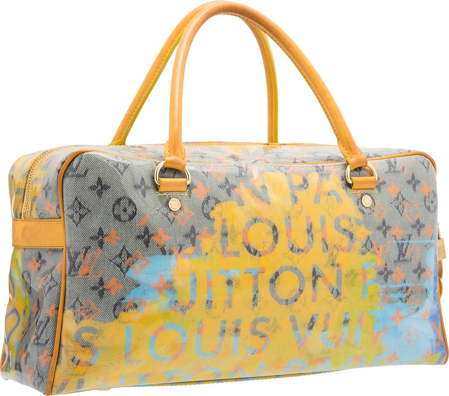 This Limited Edition 2008 Louis Vuitton bag was designed in a collaboration between Marc Jacobs and Richard Prince. This important piece is at the same time recognizably Richard Prince, Marc Jacobs, and Louis Vuitton. The Jaune version of the Defile