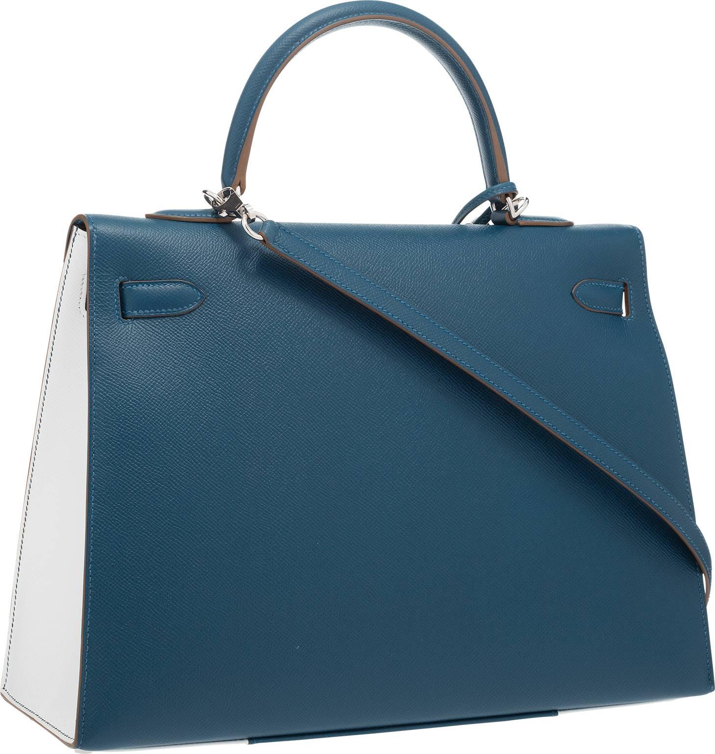 Hermes 35cm Blue Thalassa & White Epsom Leather Sellier Flag Kelly Bag In New Condition In New York, NY