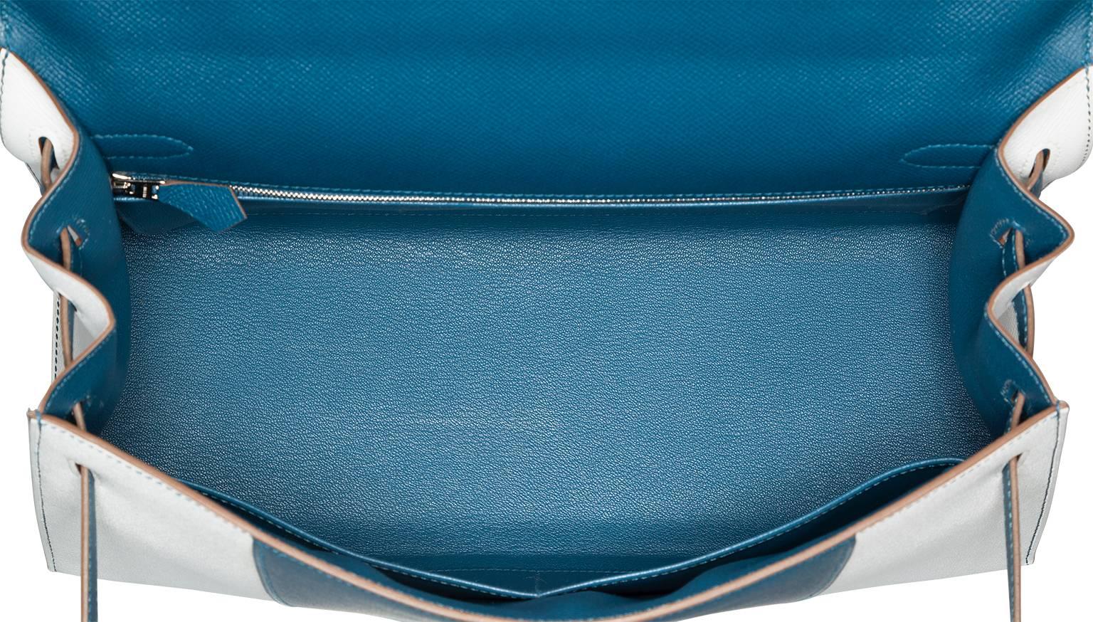 Hermes 35cm Blue Thalassa & White Epsom Leather Sellier Flag Kelly Bag 1