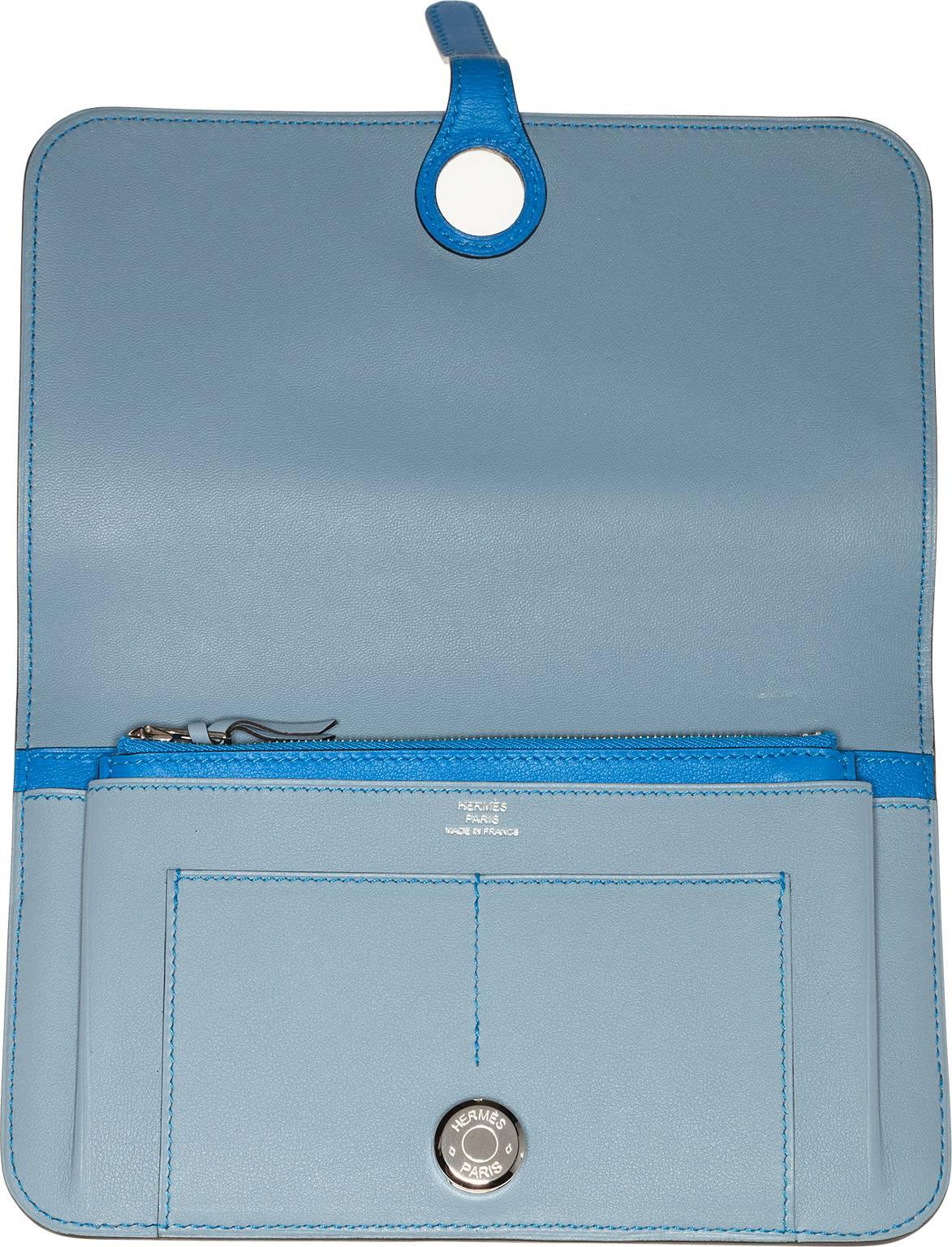 Women's Hermes Blue Lin & Mykonos Swift Leather Dogon Wallet with Palladium Hardware For Sale