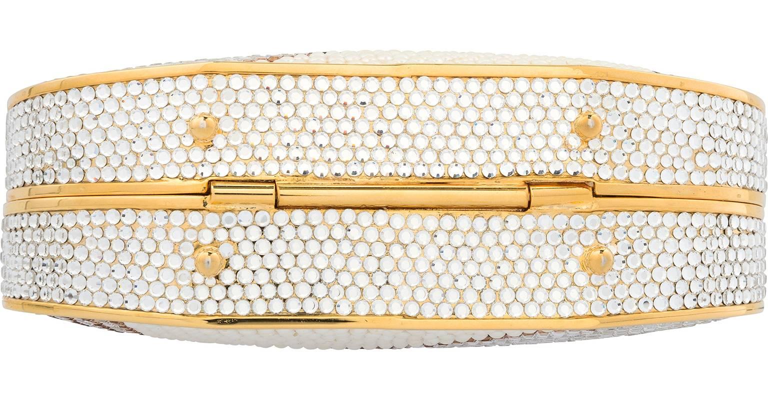 Judith Leiber Full Bead White & Gold Crystal Striped Minaudiere Bag In Excellent Condition For Sale In New York, NY