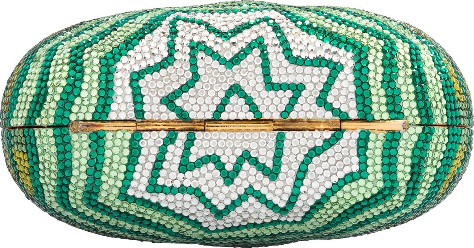 Judith Leiber Full Bead Green & Silver Crystal Miser's Bag Minaudiere Bag In Excellent Condition For Sale In New York, NY