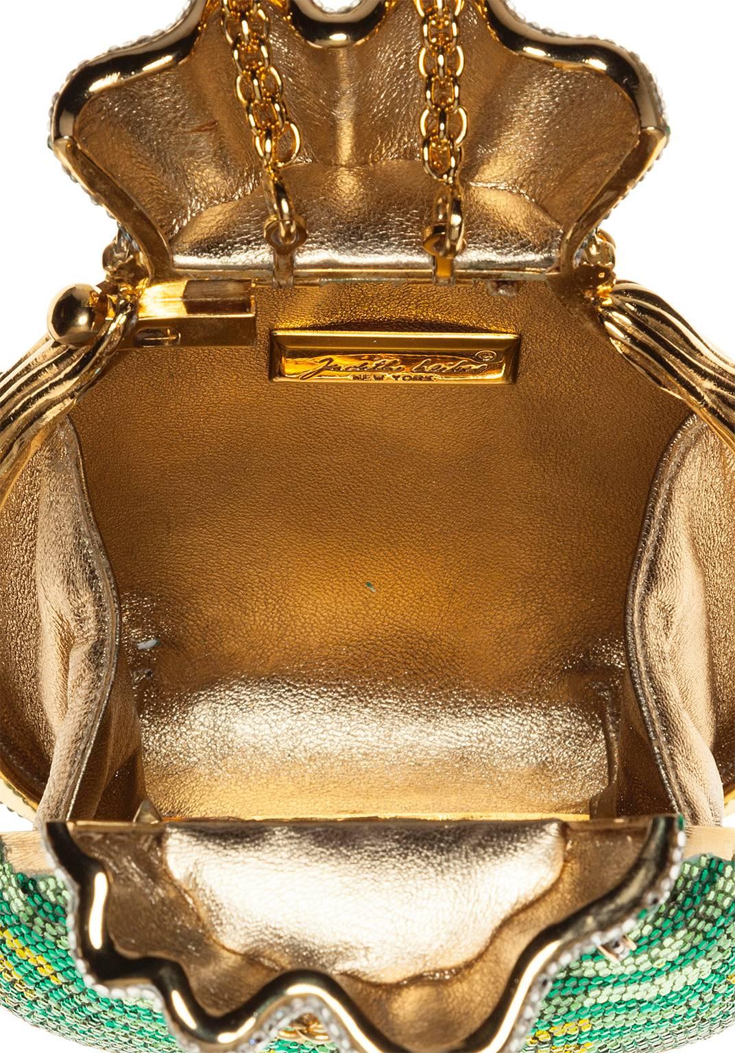 Women's Judith Leiber Full Bead Green & Silver Crystal Miser's Bag Minaudiere Bag For Sale