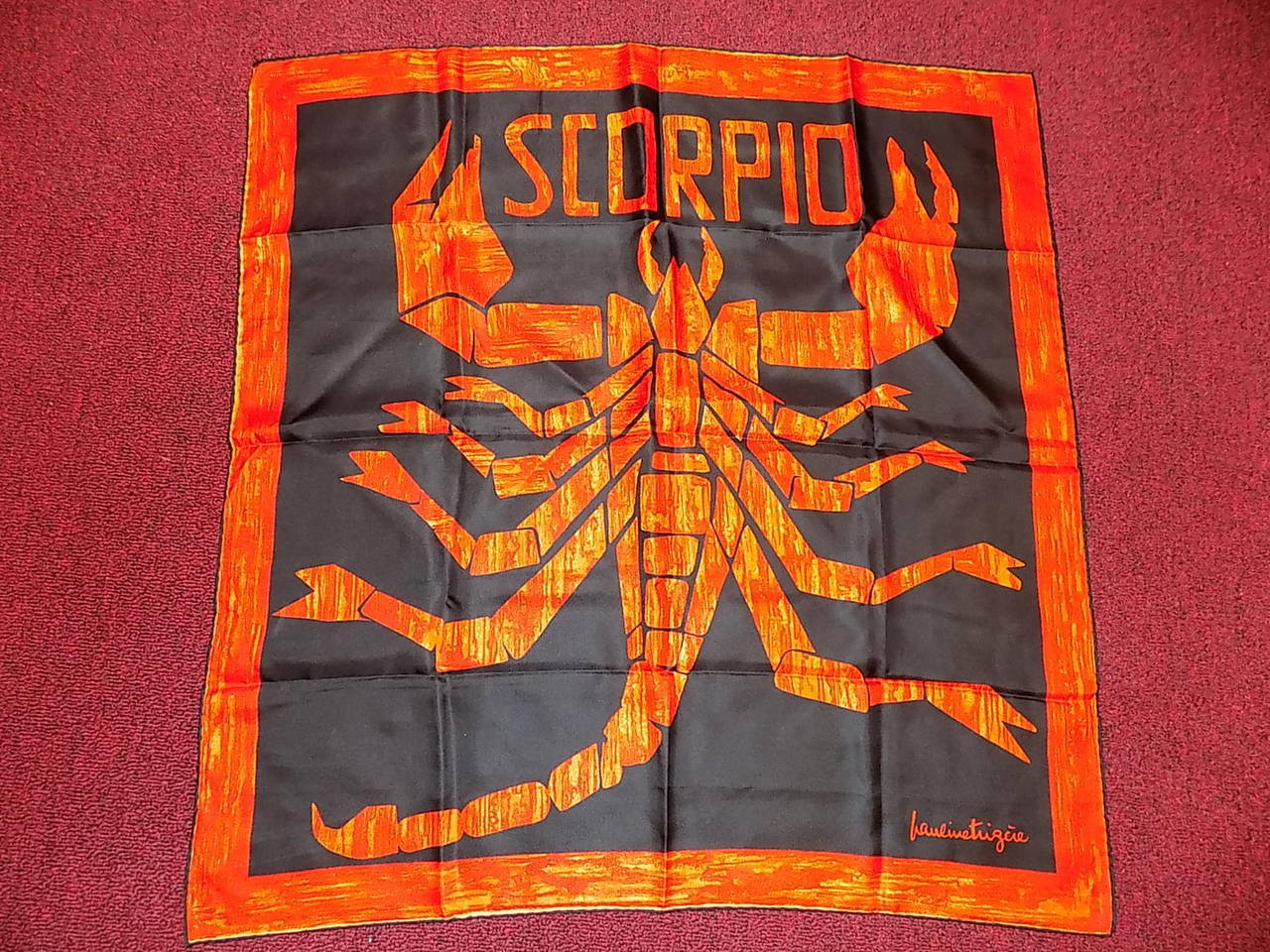 Beautiful Astrology sign  Pauline Trigere Rare Scorpio Silk  Scarf. Black and red colors. Hand rolled edges. Never used on pristine condition. Size 34 by 34