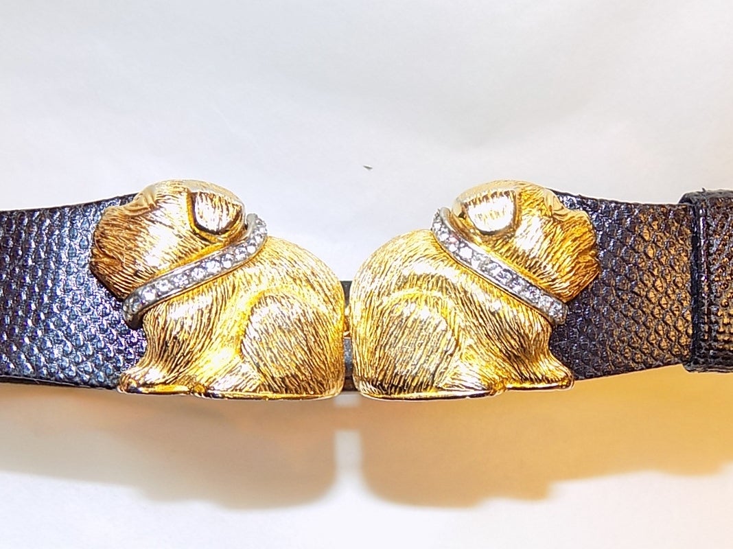Exotic skin vintage Judith Leiber belt  with adorable  gold tone  two Bulldogs buckle wearing crystal collars. Soo adorable. One inch wide adjustable length up to 36