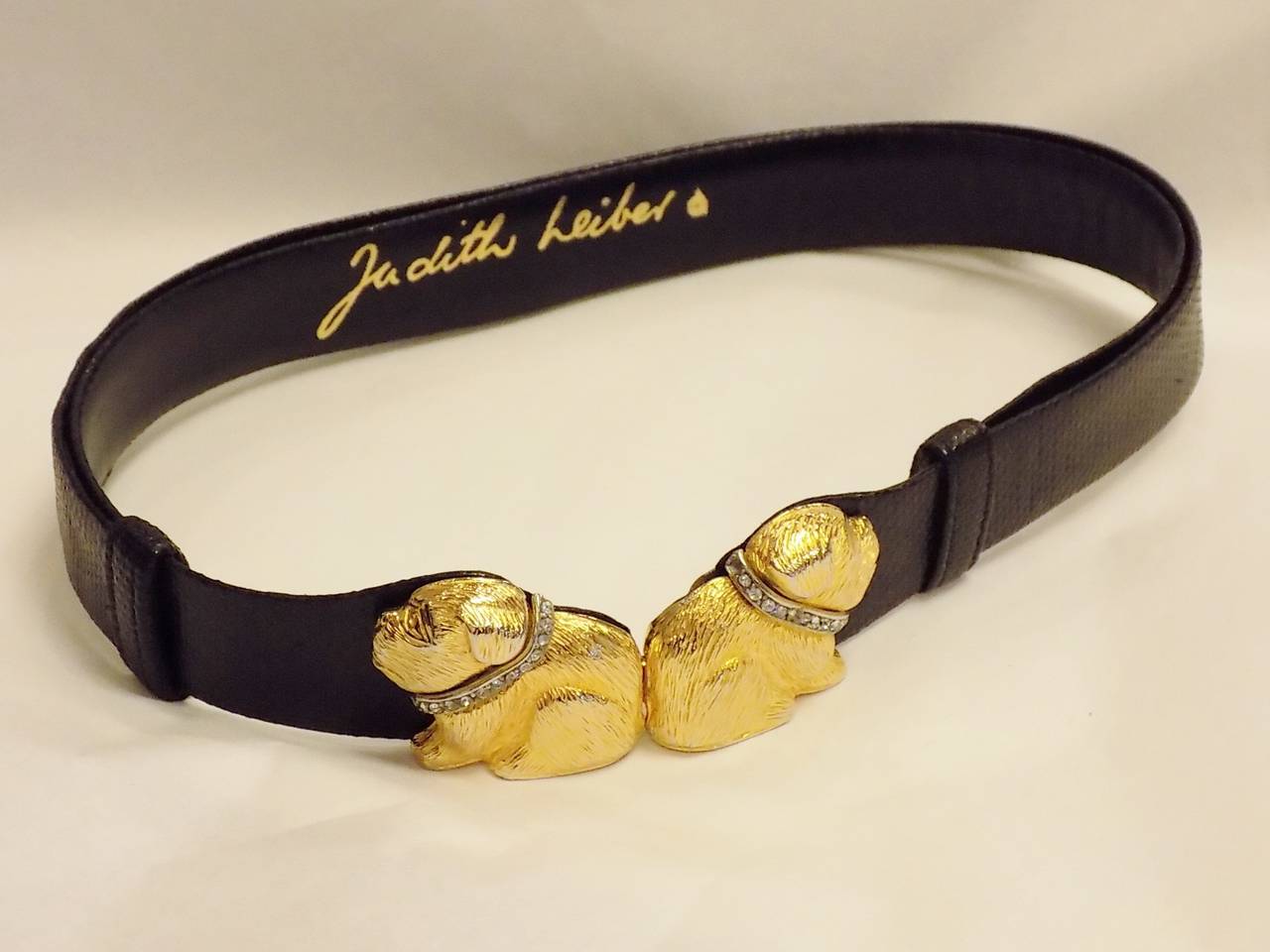Judith Leiber vintage black   belt Bull Dog buckle wearing  diamond  collar 1