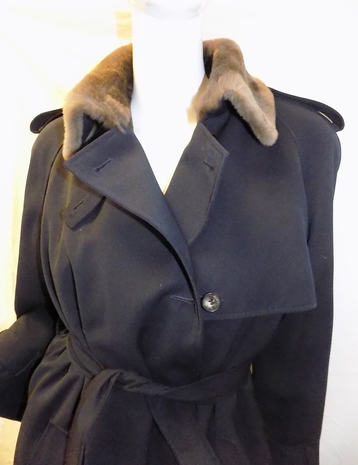 J Mendel Navy trench coat with Luxurios sheared  mink lining SPECTACULAR! In Excellent Condition In New York, NY