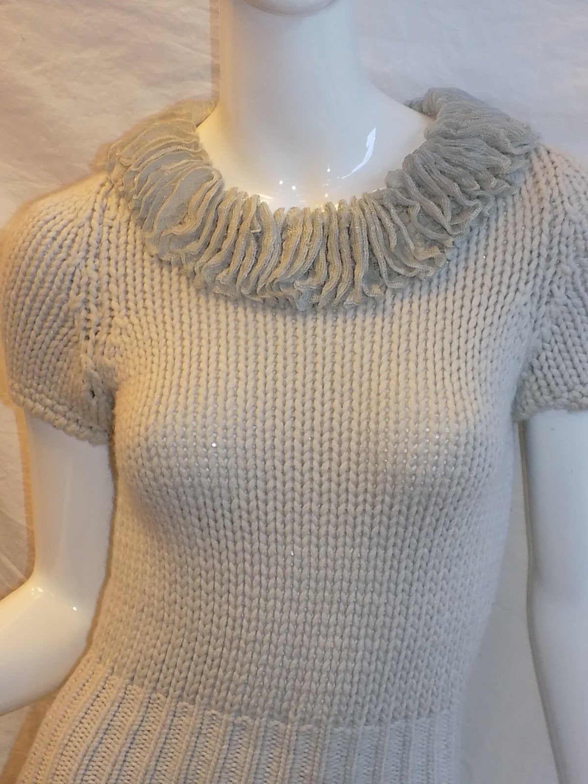 Fabulous Chanel  Dove Grey cashmere knit dress ruffled trim In Excellent Condition In New York, NY