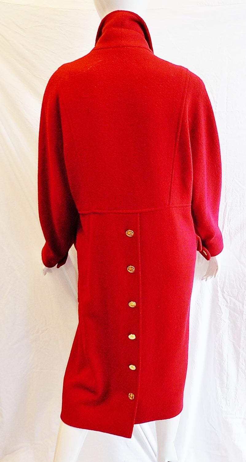 Chanel Vintage Red Coat with large logo buttons In Excellent Condition In New York, NY
