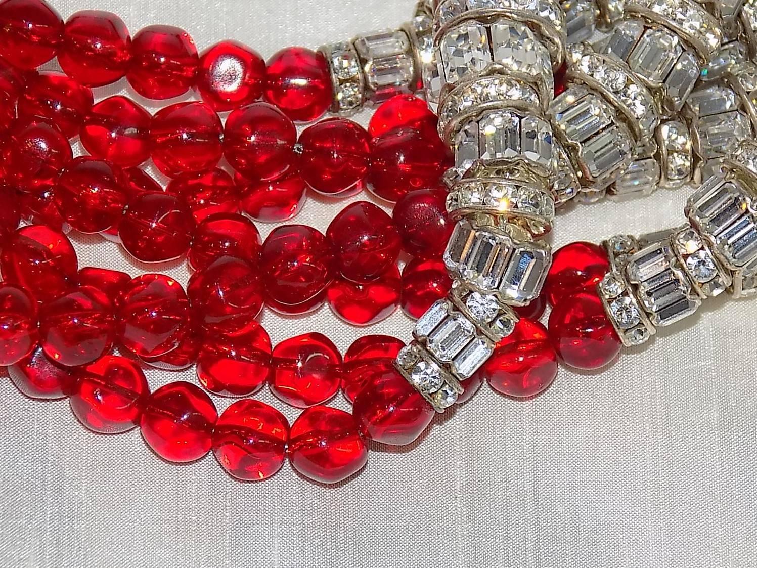 Vintage Anne Klein Couture divine massive 7 rows ruby red glass beads Necklace 1