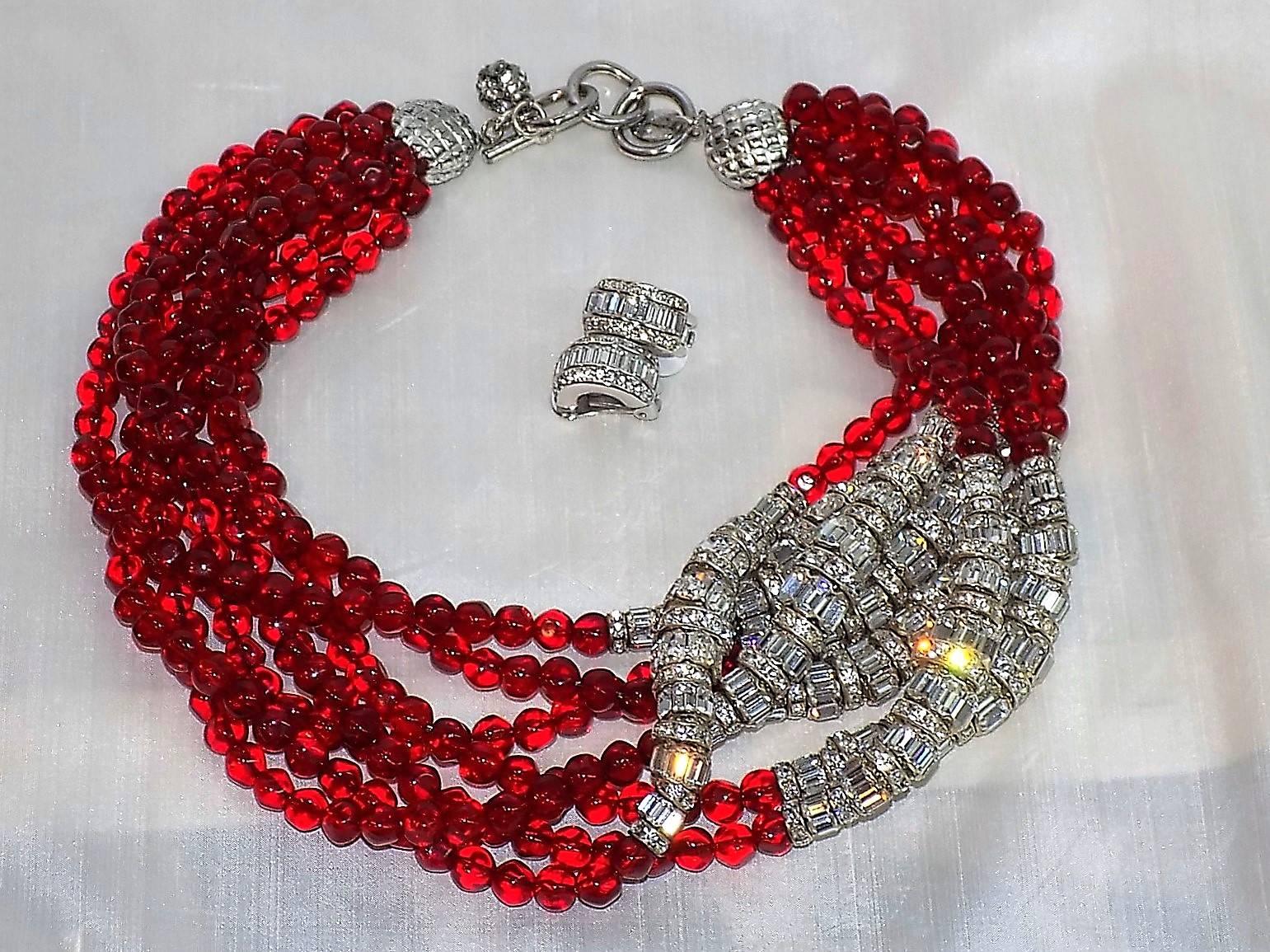 Vintage Anne Klein Couture divine massive 7 rows ruby red glass beads Necklace 5