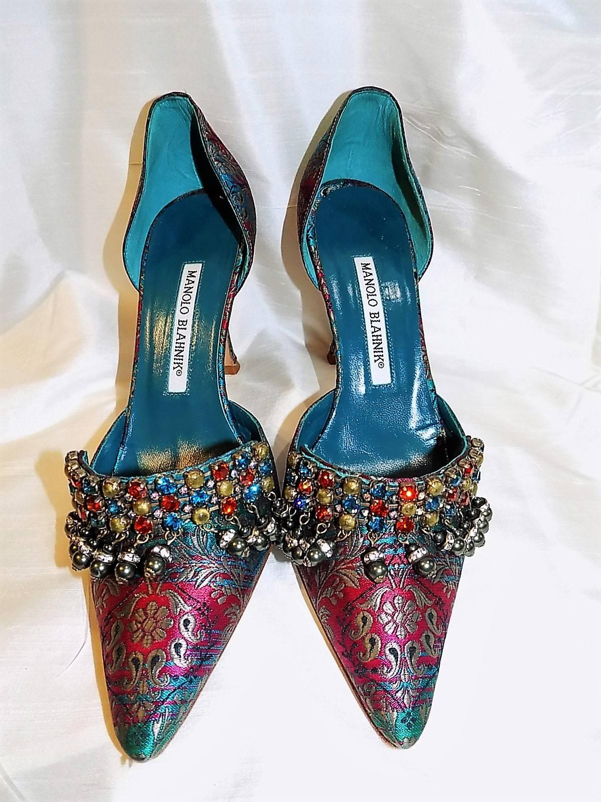 Manolo Blahnik   spectacular silk brocade shoes  size 37 pointed front Bejeweled with large blue and red crystals tiger eye and dark hanging beads worn once excellent condition with few scratches only only on the bottom sole heel 3/5