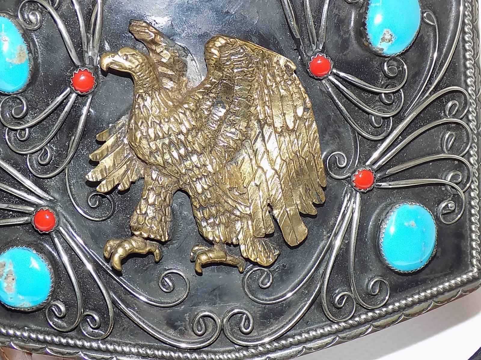 Cowboy legends massive silver hand crafted belt w turquoise /eagle buckle 1