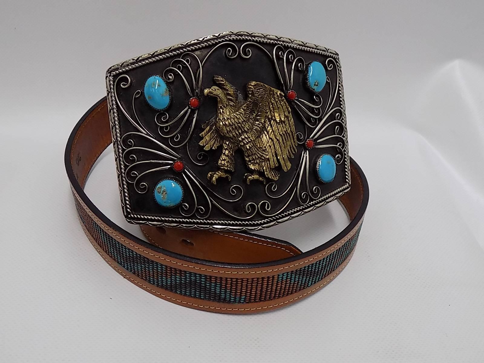 Cowboy legends massive silver hand crafted belt w turquoise /eagle buckle 2