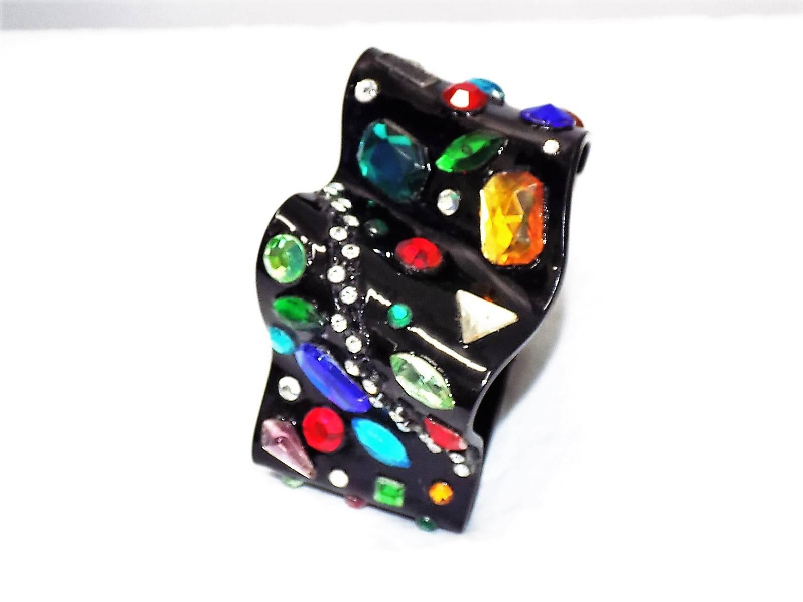 Bill Schiffer black Ribbon  bracelet with multi color crystals 1983 In Excellent Condition In New York, NY