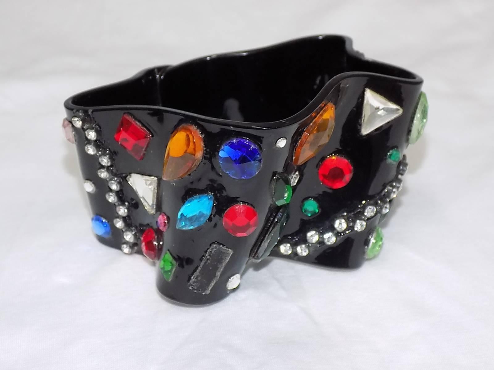 Women's Bill Schiffer black Ribbon  bracelet with multi color crystals 1983