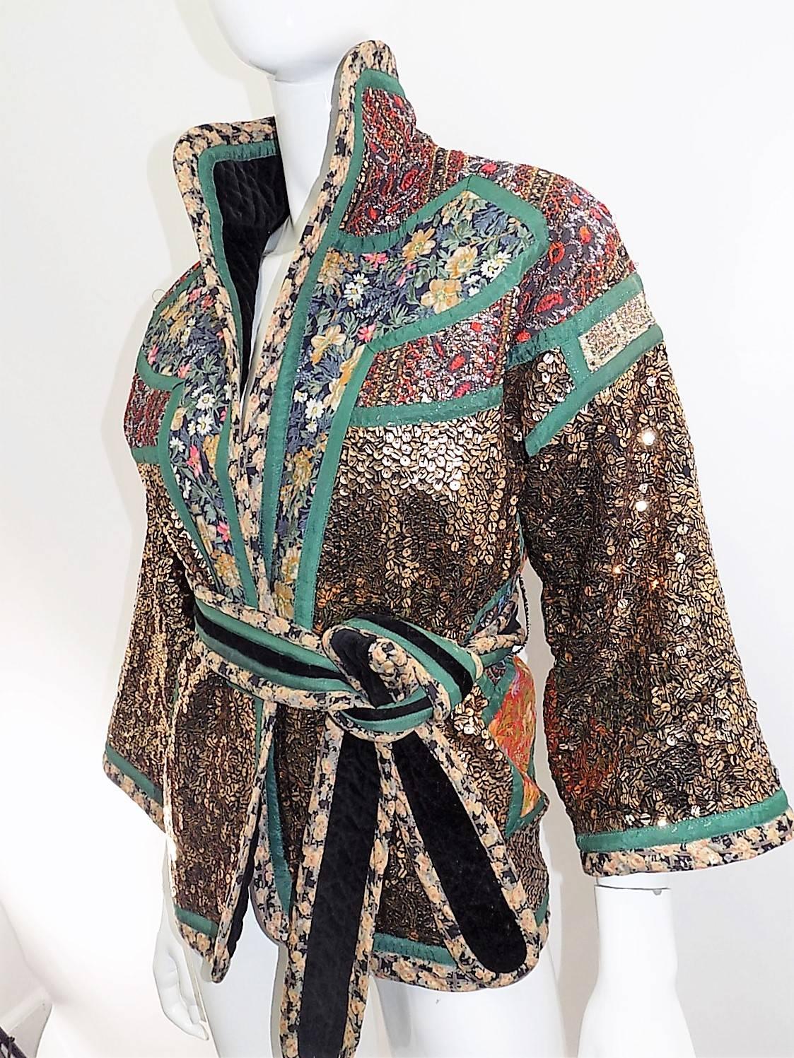 Truly spectacular! Koos Van Den Akker rare evening sequin gold brocade smoking jacket coat.  Every piece of fabric is  so carefully chosen. from golden sequin with black stripe trough, to brocade, lace , embroidery with silver and gold,  to vintage 