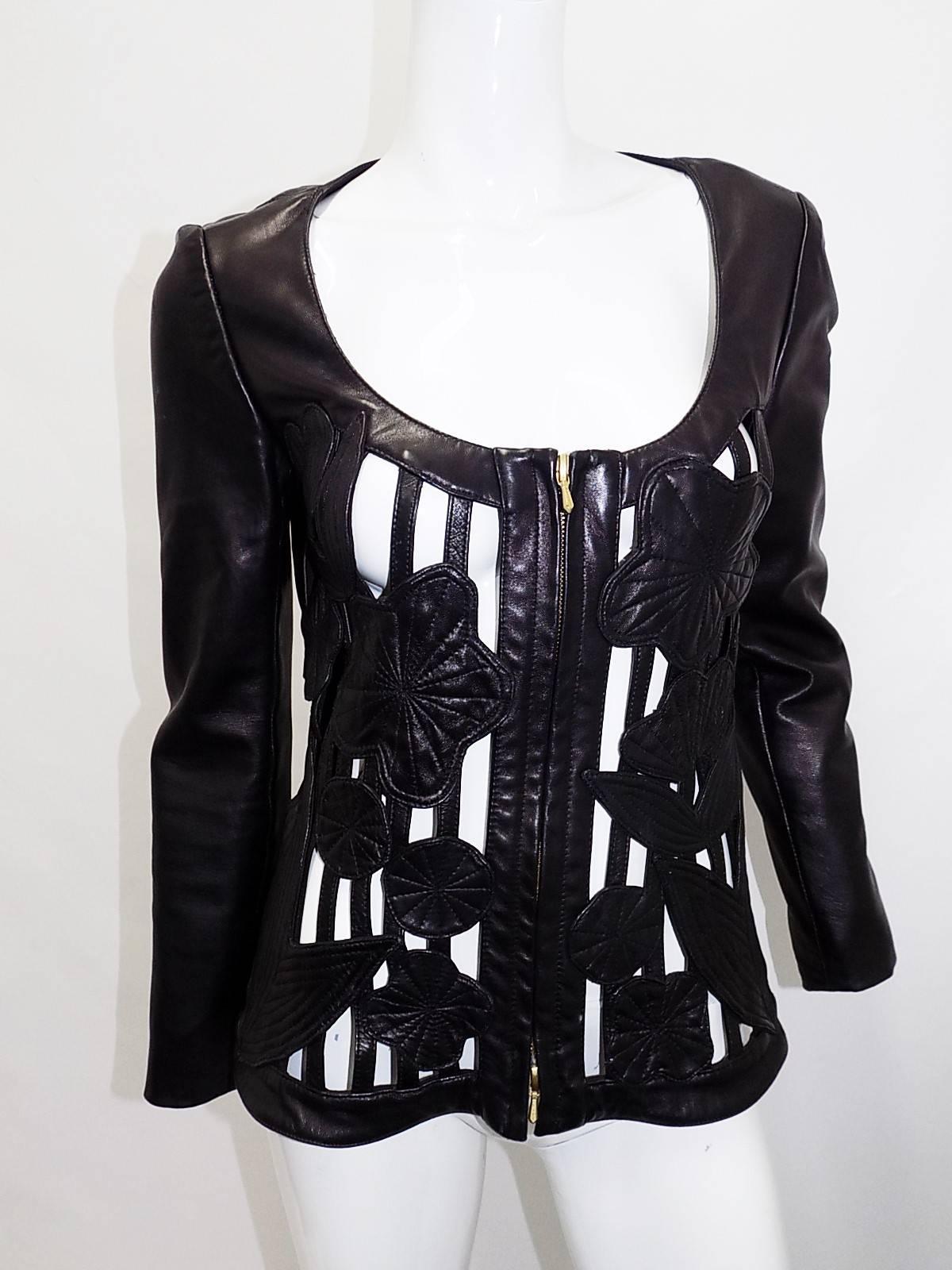 Gemma Kahng  Rare vintage Black Leather cutout / lace jacket zip front 1990's In New Condition In New York, NY