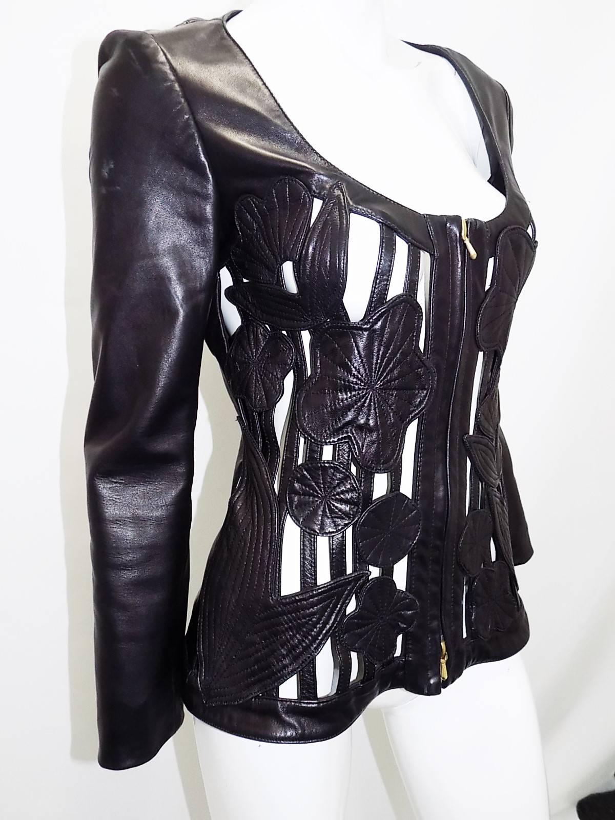 Women's Gemma Kahng  Rare vintage Black Leather cutout / lace jacket zip front 1990's