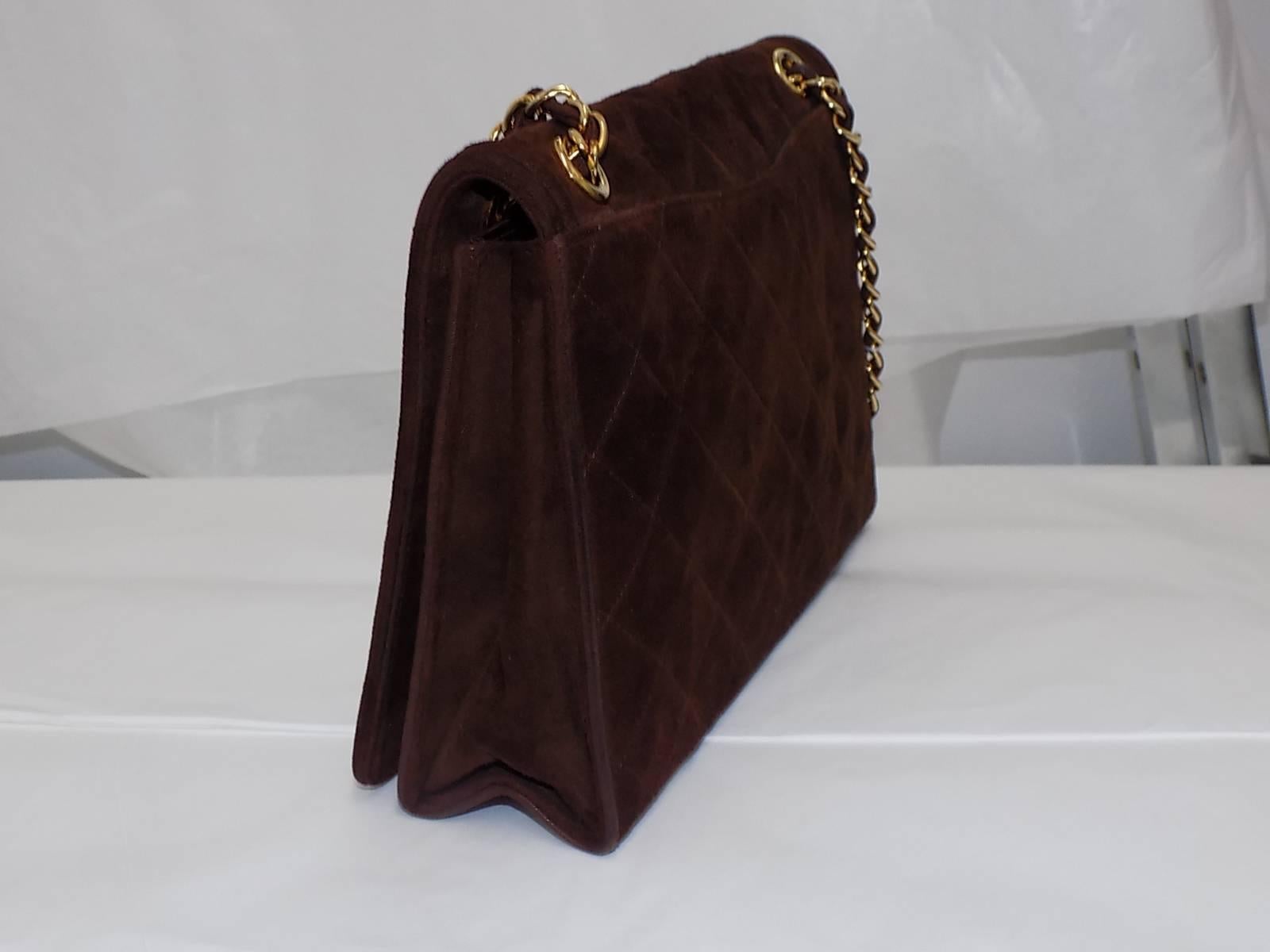 Women's Chanel quilted suede brown suede flap bag  For Sale