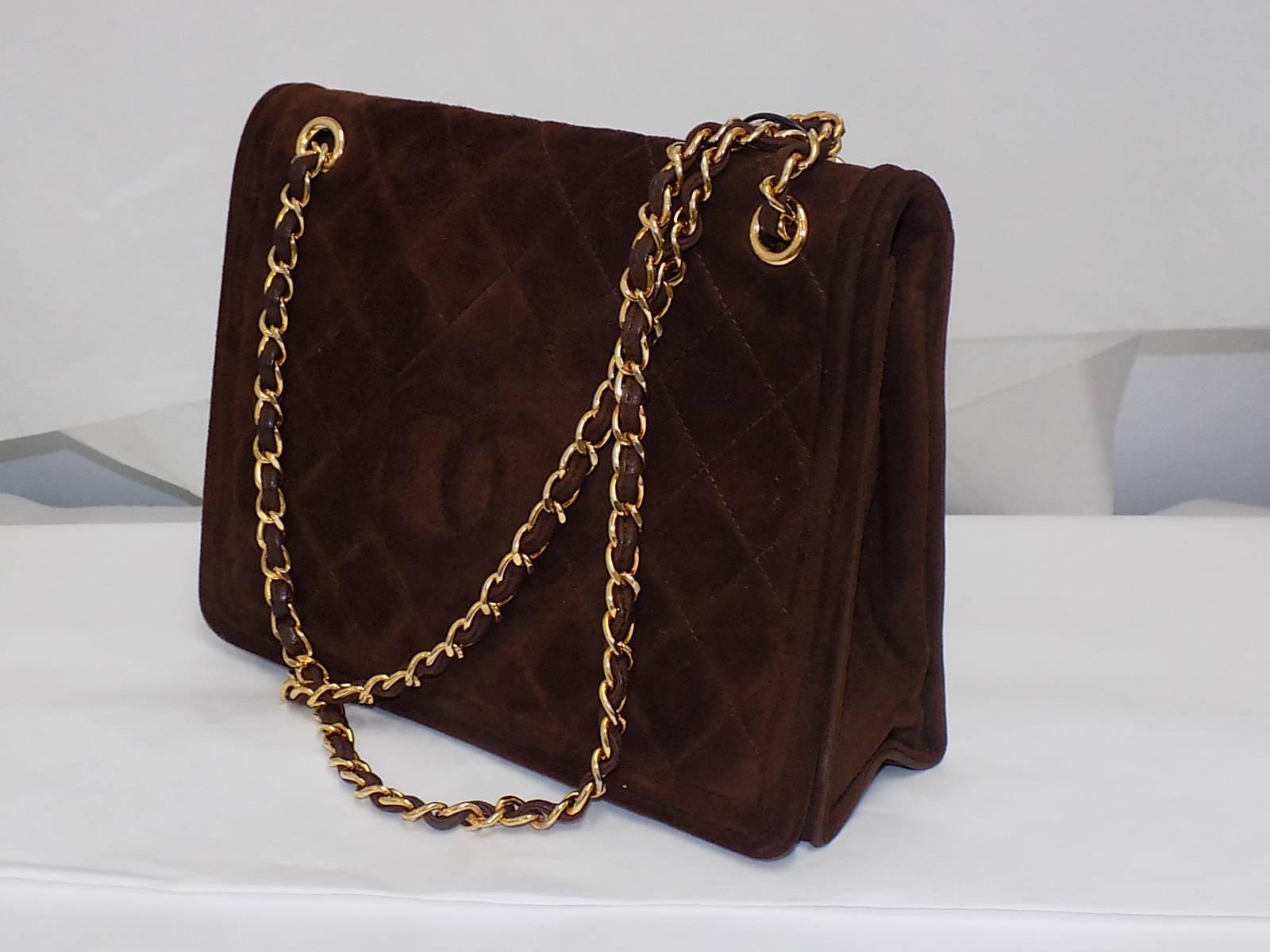 Black Chanel quilted suede brown suede flap bag  For Sale