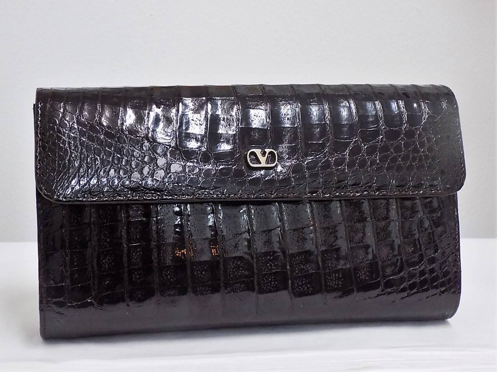 Black Valentino Garavani Chocolate Brown  Alligator  Clutch/ Shoulder Bag 