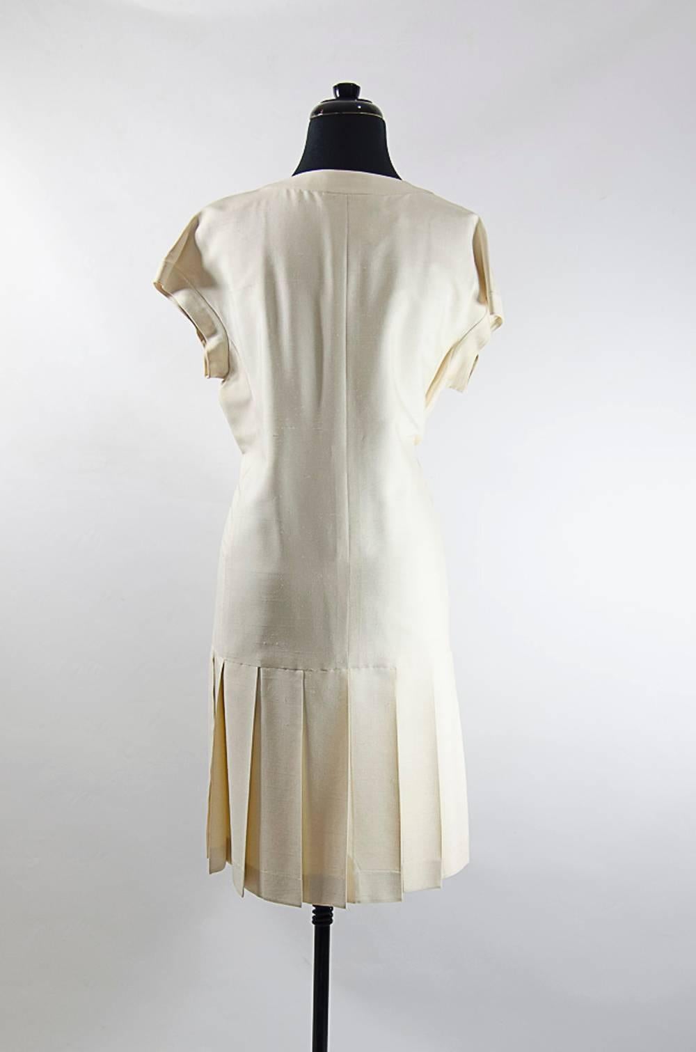 Beige Chanel Creme Silk Pleated Dress