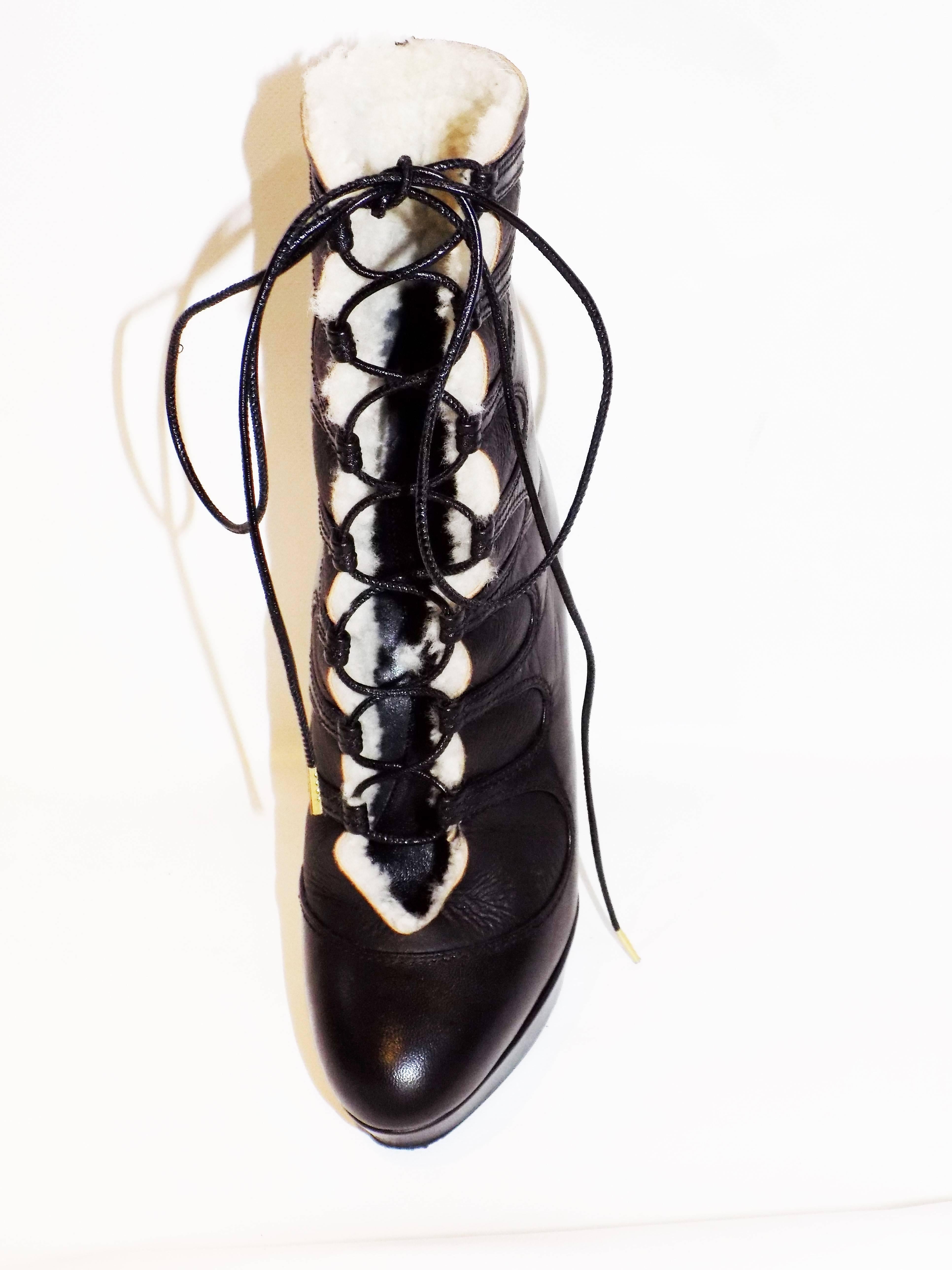 Alexander McQueen Leather Shearling Lace Up Platform  Boots  sz 36 In Excellent Condition For Sale In New York, NY