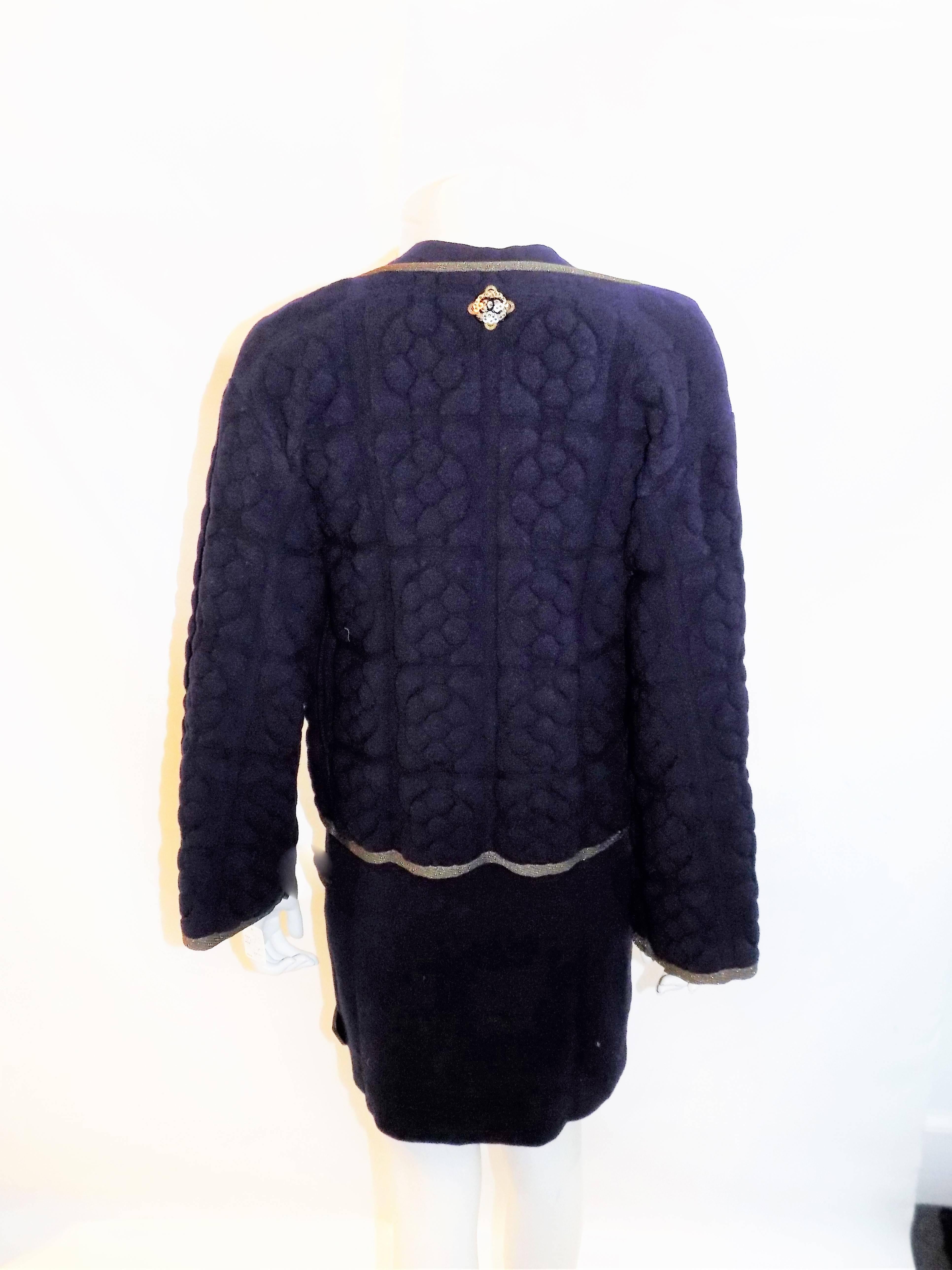 Chanel raise/ quilted knit navy dress and jacket with Lesage patch 1