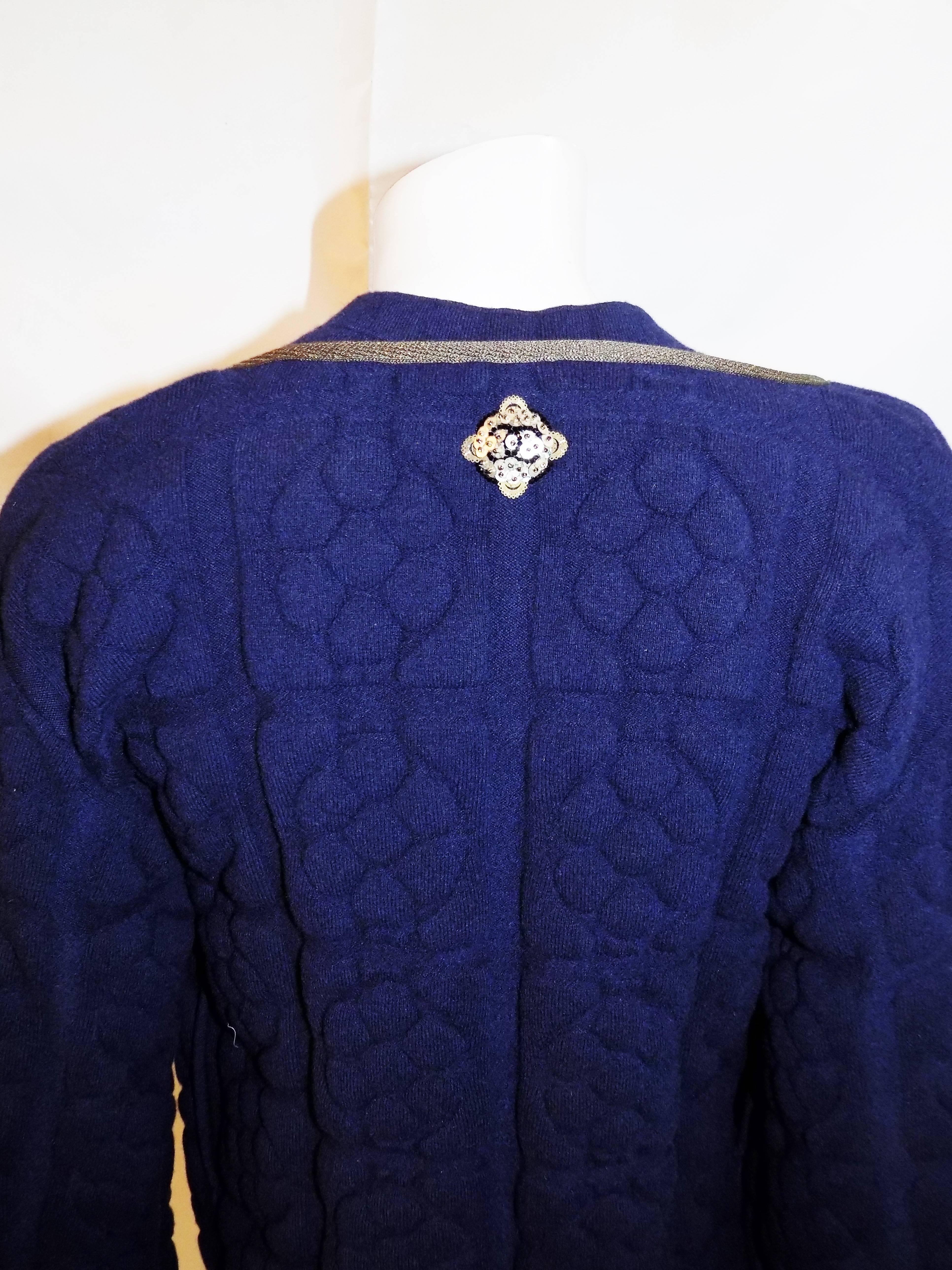 Chanel raise/ quilted knit navy dress and jacket with Lesage patch 2