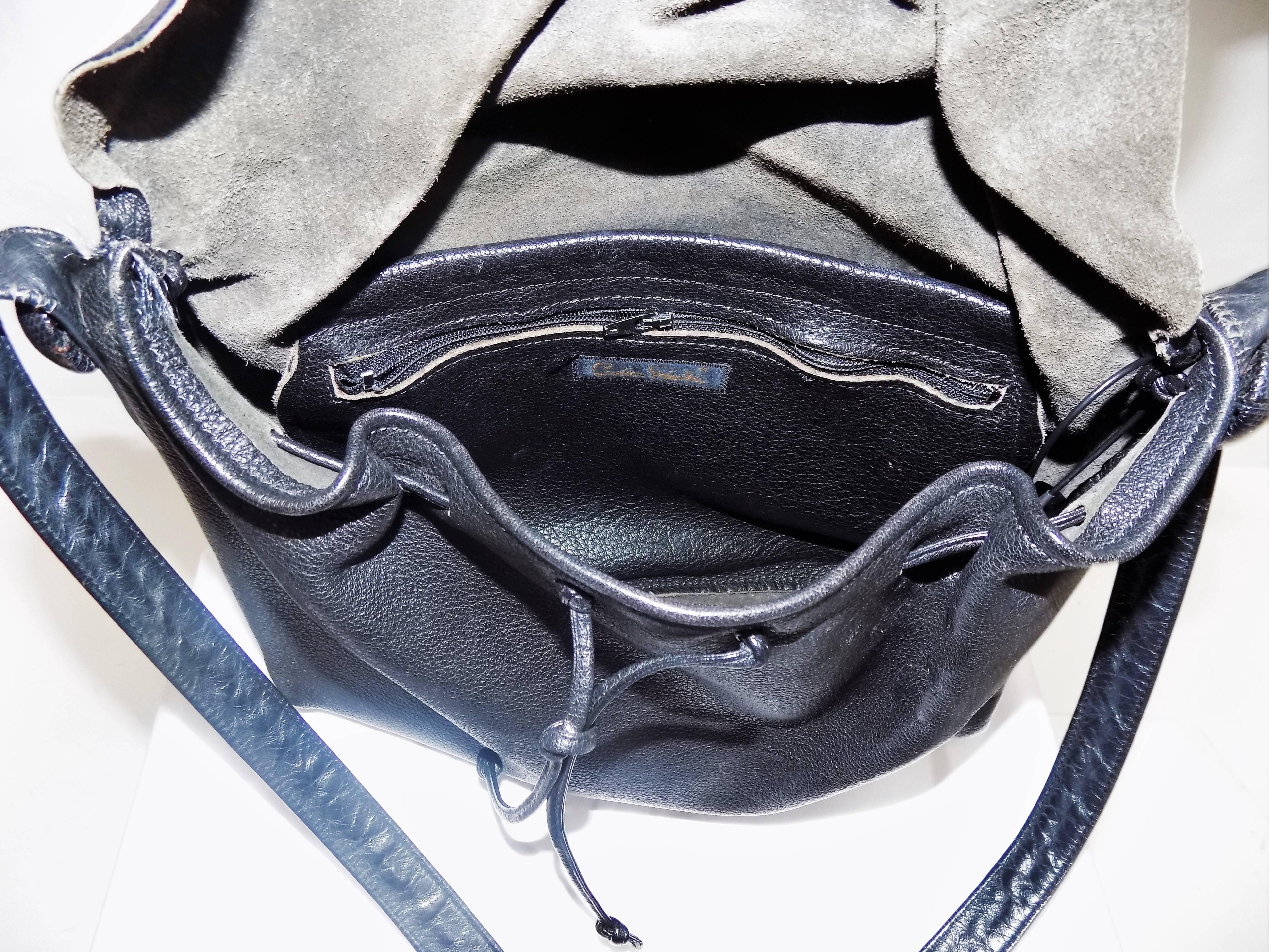 Carlos Falchi's signature black cross-body drawstring large bag In Excellent Condition In New York, NY
