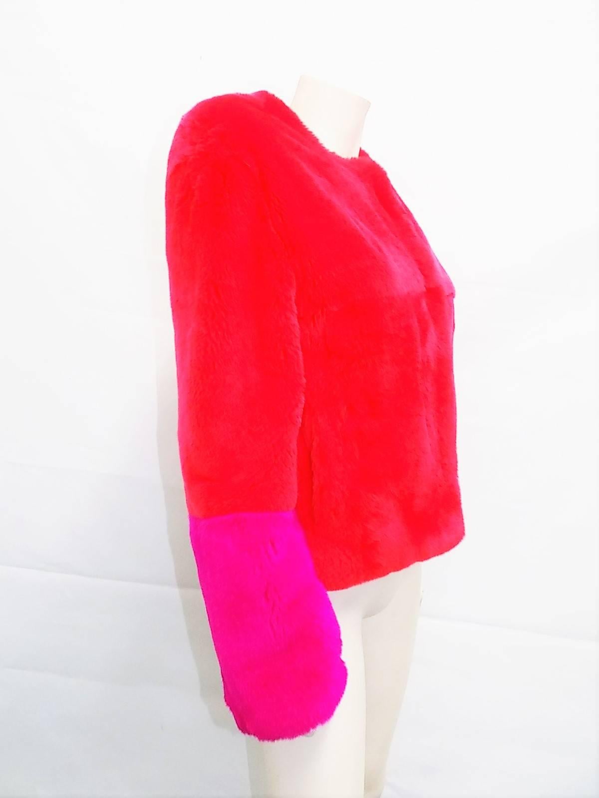Red Rex Rabbit short fur jacket with  Fushia  Cuffs . MUst Have!! NEW! 2